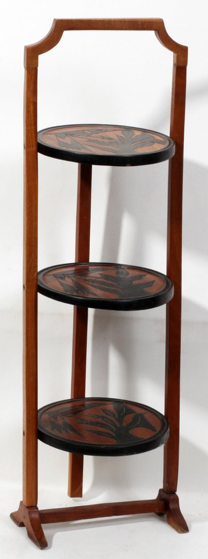WALNUT THREE TIER PLATE STAND, 20TH CENTURY: WALNUT THREE TIER PLATE STAND, 20TH CENTURY., H 33":