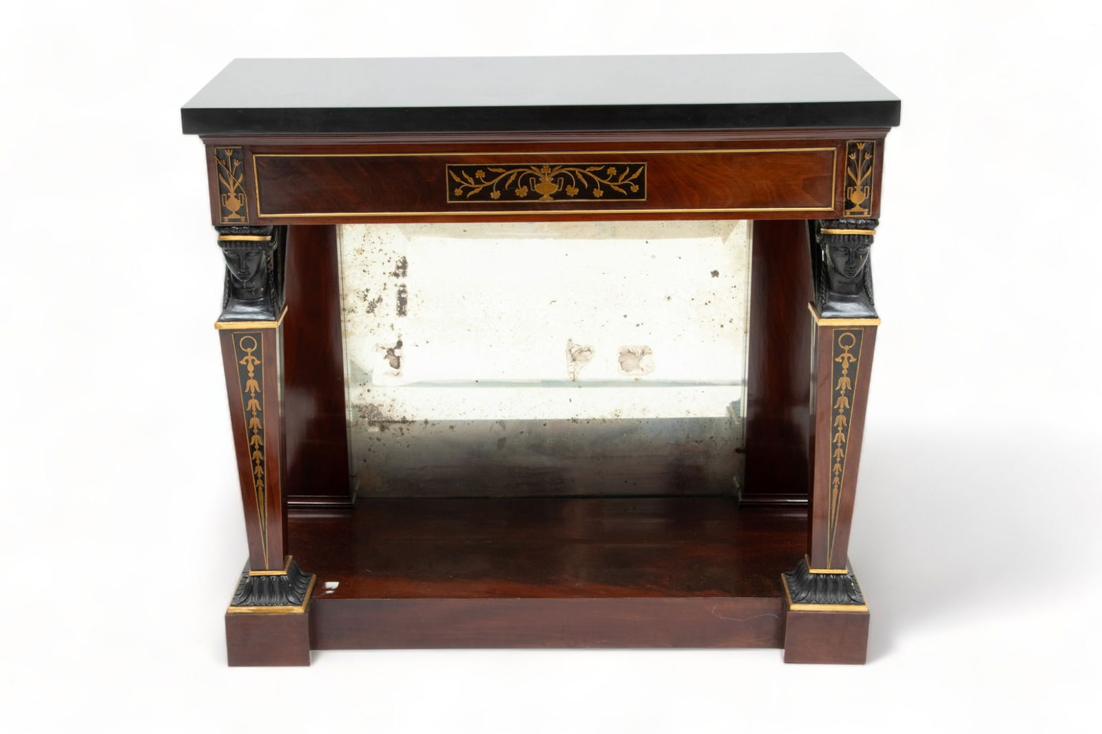 American Empire Partial Gilt Bronze, Inlaid & Ebonized Mahogany Console Table, H 34" W 38.5" Depth (1 of 3)