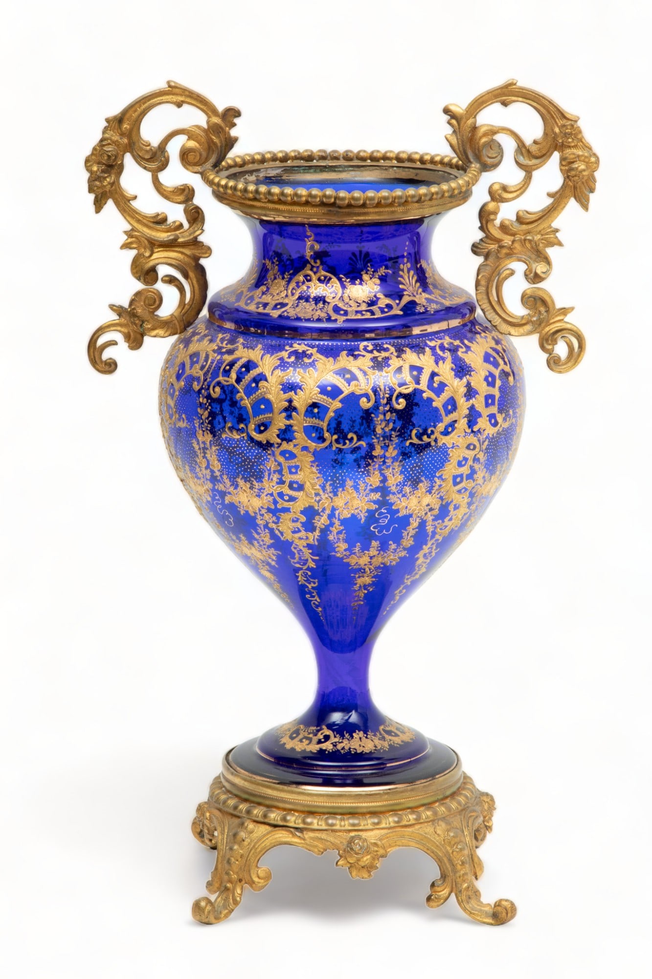 French Cobalt Crystal Urn, Ormolu Bronze Mounts & Raised Gilding,  19th C., H 14" W 5.5" L 8.5" (1 of 4)