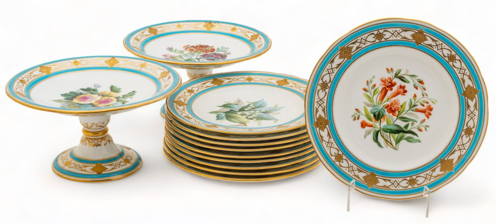 Minton (English) Porcelain Hand Painted, Gilded Dessert Plates & Compotes Ca. 1870, H 5" Dia. 9" 11 (1 of 9)