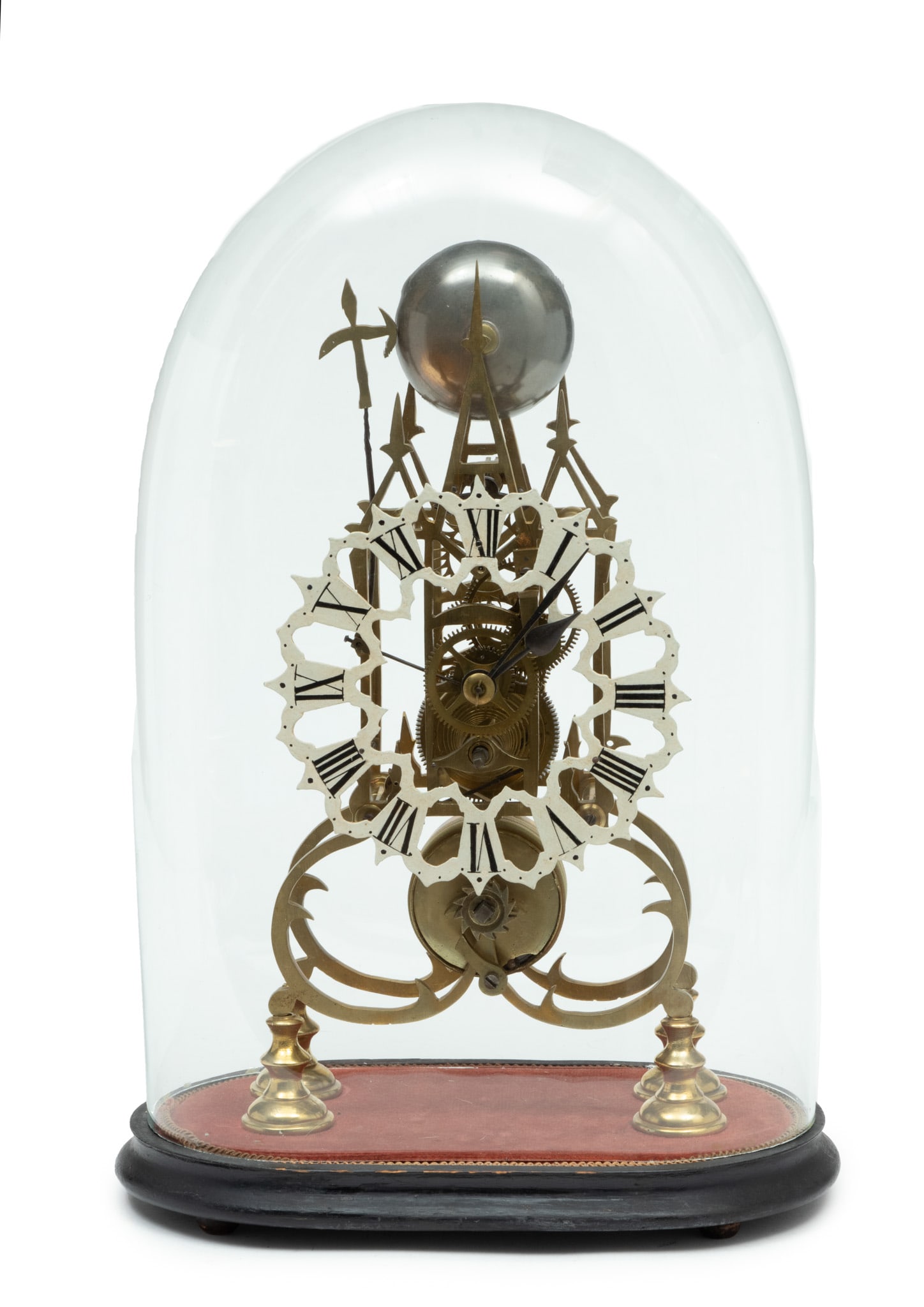 Brass Skeleton Mantel Clock, Fusee Movement, Ca. 19th Cen., H 13" W 7" (1 of 5)