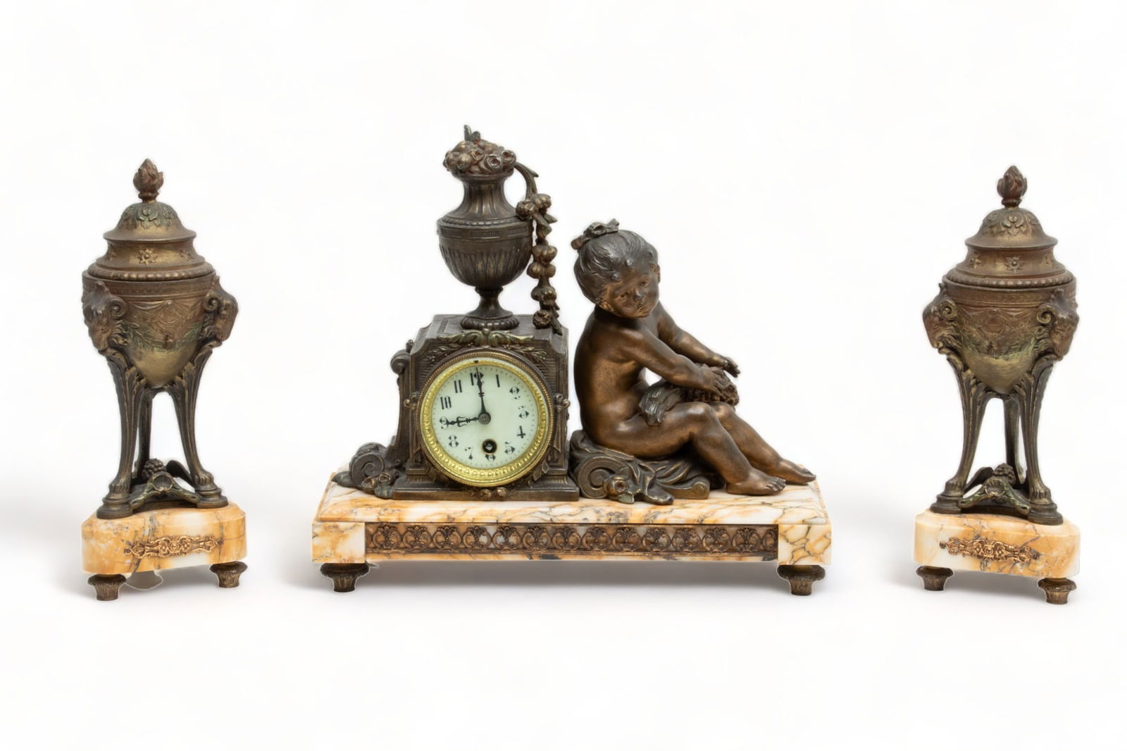 French Gilt Metal & Marble Garrniture Set, Ca. 1900, H 13" W 14.5" 3 pcs (1 of 8)