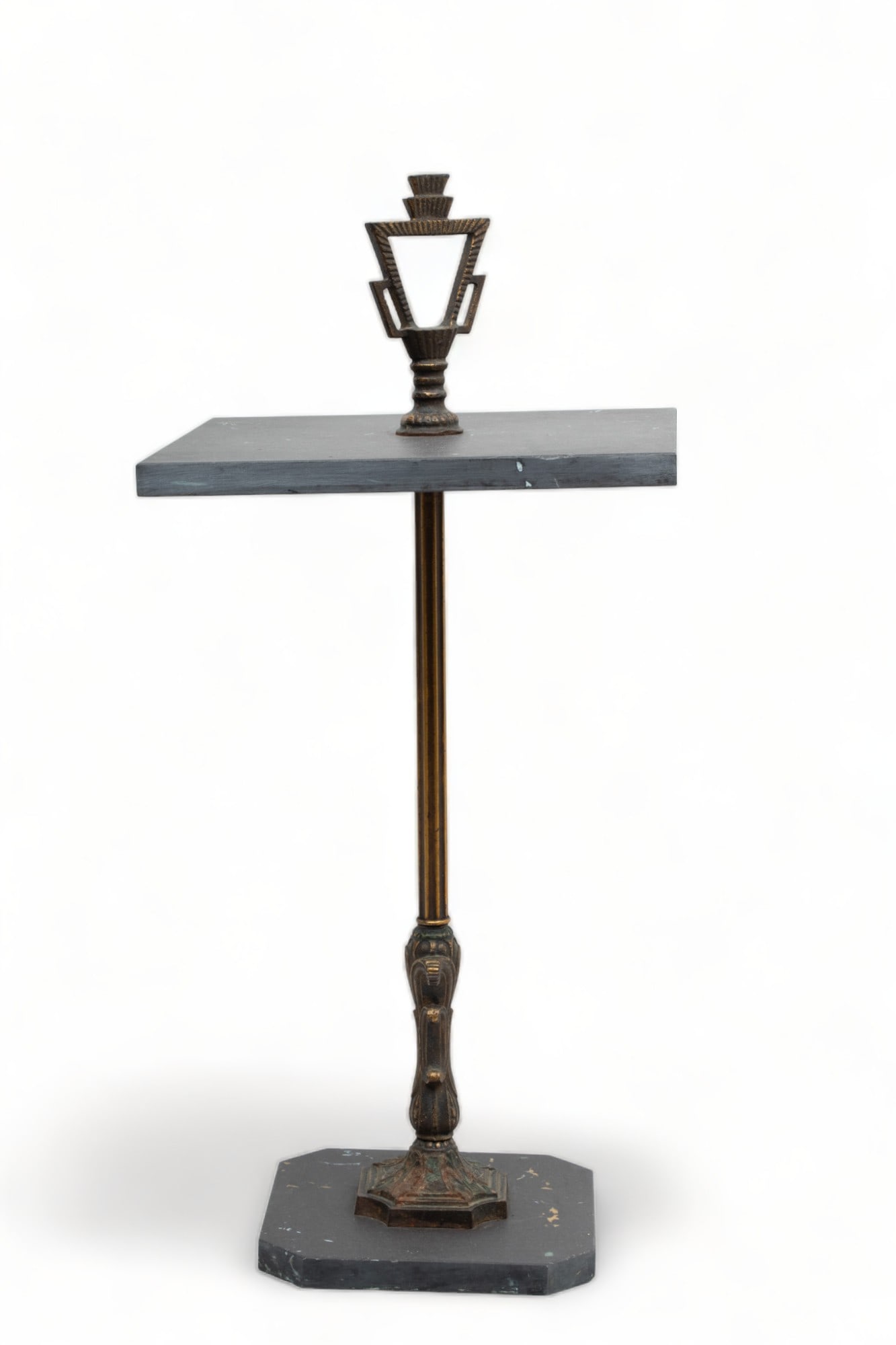 Art Deco Bronze & Slate Top End Table, Ca. 1930, H 26.5" W 12" L 12" (1 of 3)