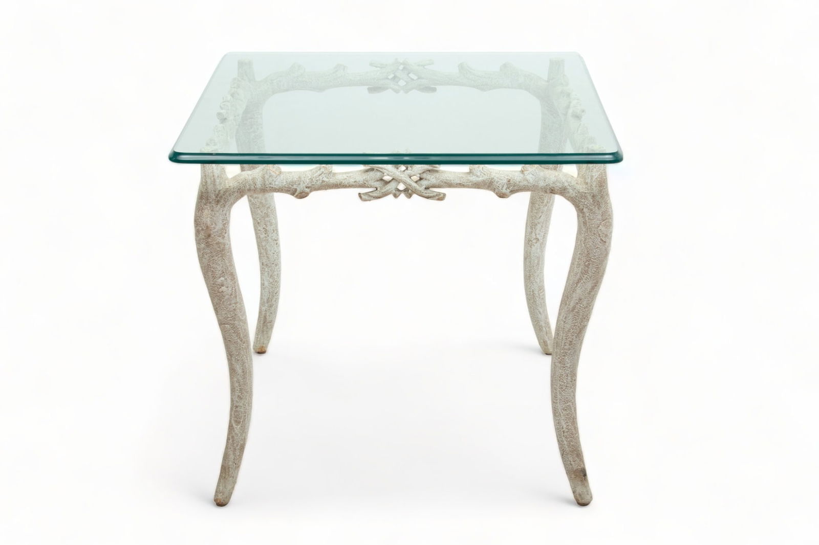 Arthur Court (American) Patinated Cast Aluminum Faux Bois Glass Top Table, Ca. 1970, H 21" W 27" (1 of 2)