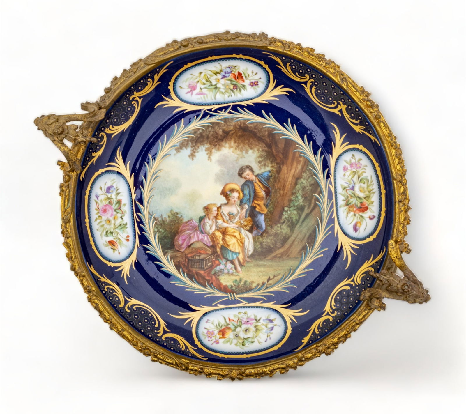 French Gilt Bronze And Inset Hand Painted Porcelain Footed Centerpiece Ca. 1880, H 7" Dia. 16" (1 of 4)