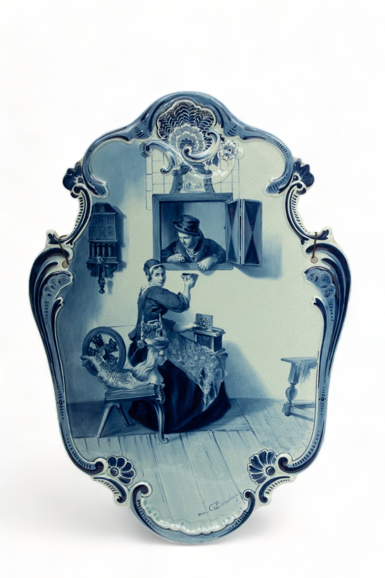 Joost Thooft & Labouchere for Delft (Dutch) Porcelain Plaque, Tobacco Tryst, H 22" W 15.5" (1 of 4)