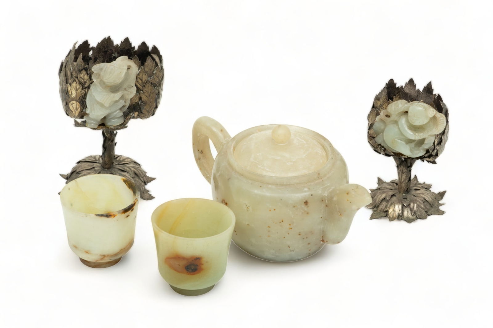 Chinese Jade Teapot, Cups & Unmarked Silver Goblets, Ca. 1900, H 3.25" W 3.5" L 6" 5 pcs (1 of 4)