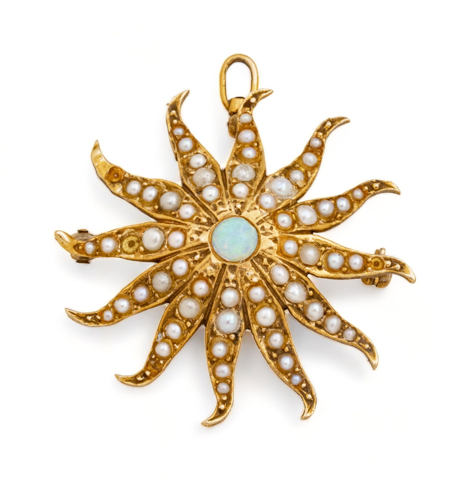 Gold, Opal And Seed Pearl Pendant - Brooch, Flower Form Ca. 1940, L 1.5" 5.1g (1 of 5)