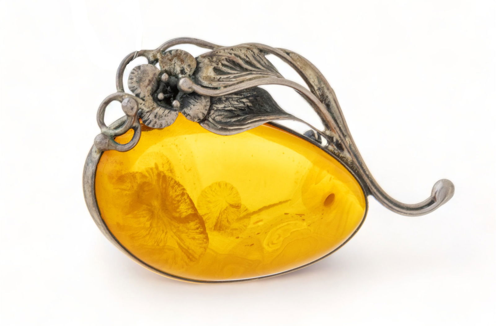 Russian Baltic Amber Brooch, Art Nouveau Sterling Silver Flower Setting Ca. 1920, L 2.6" 19g (1 of 5)