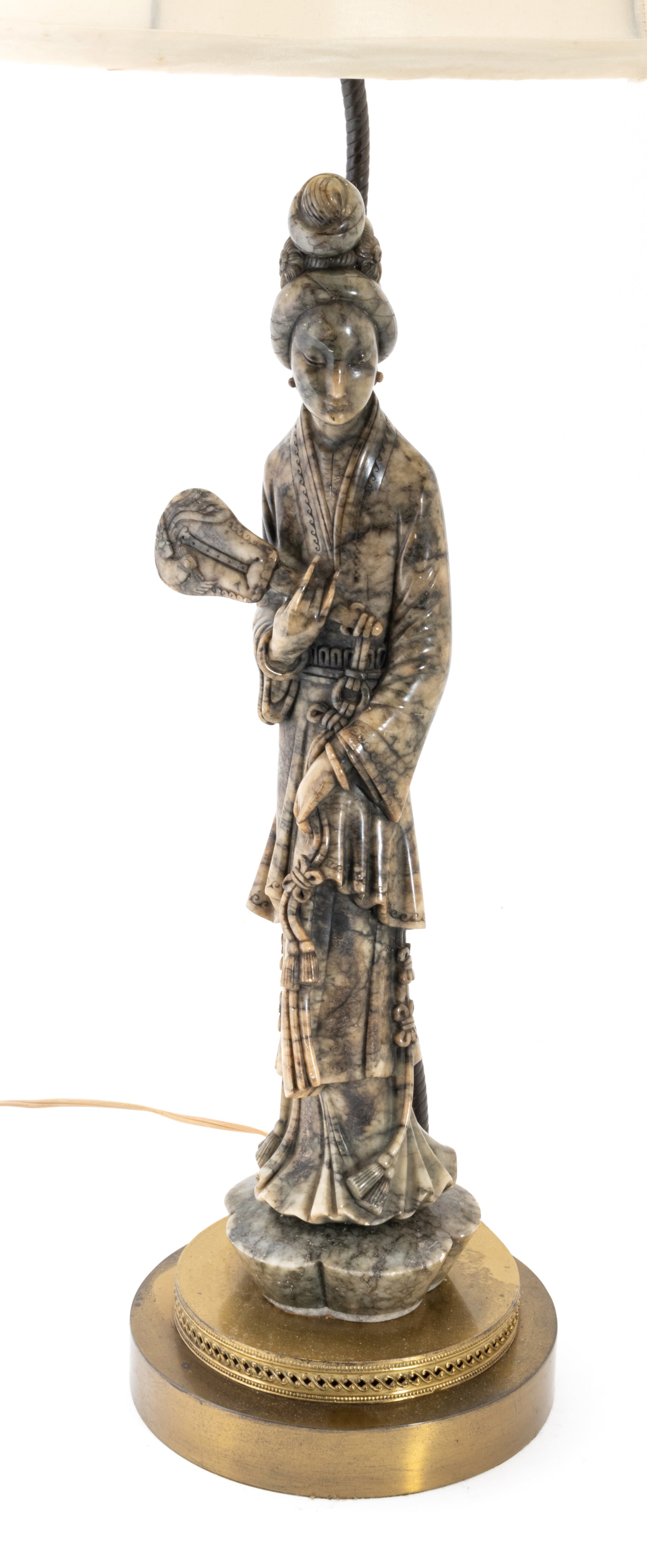 Carved Marble Sculpture of Quan Yin Holding Lute, Converted to Lamp, H 19" Dia. 7.5" (1 of 7)