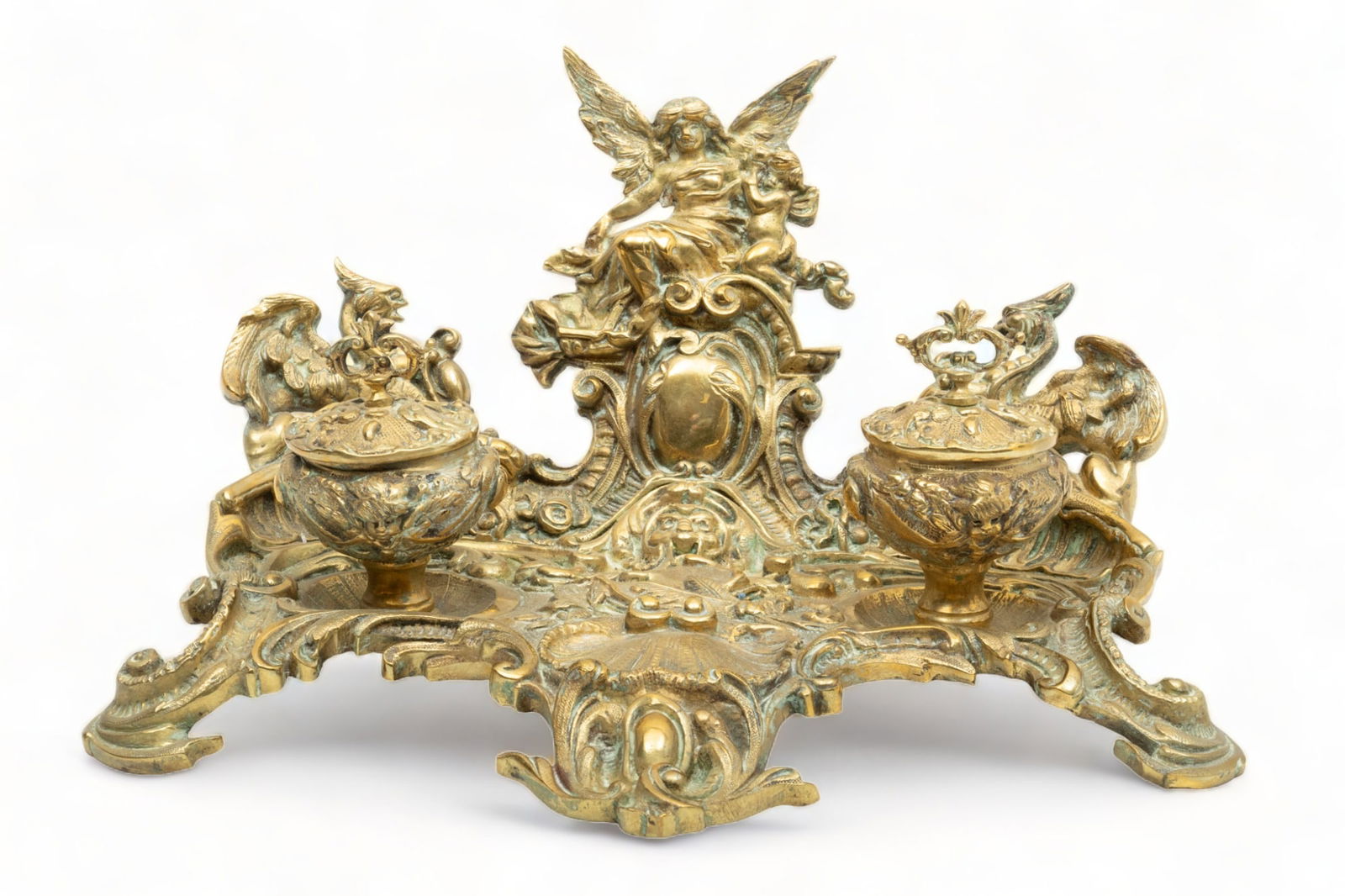 French Rococo Style Brass Inkwell, Ca. 1900, H 6.5" W 13" Depth 10" (1 of 6)