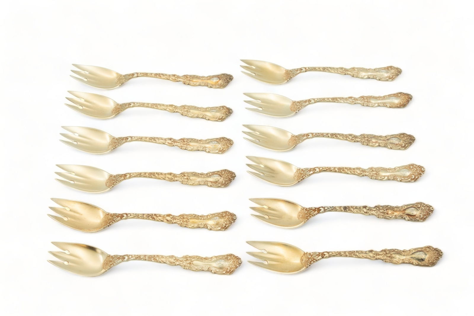 Gorham Imperial Chrysanthemum Vermeil Sterling Dessert Spoons Ca. 1900, L 5" 7t oz 12 pcs (1 of 3)
