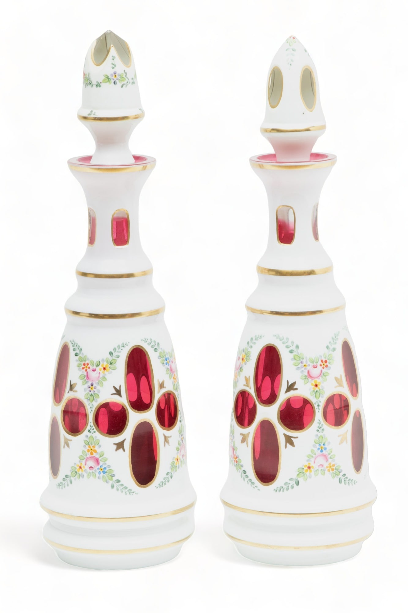 Bohemian Overlay Cranberry Decanters, Ca. 1930, H 14.75" Dia. 4" 1 Pair (1 of 3)