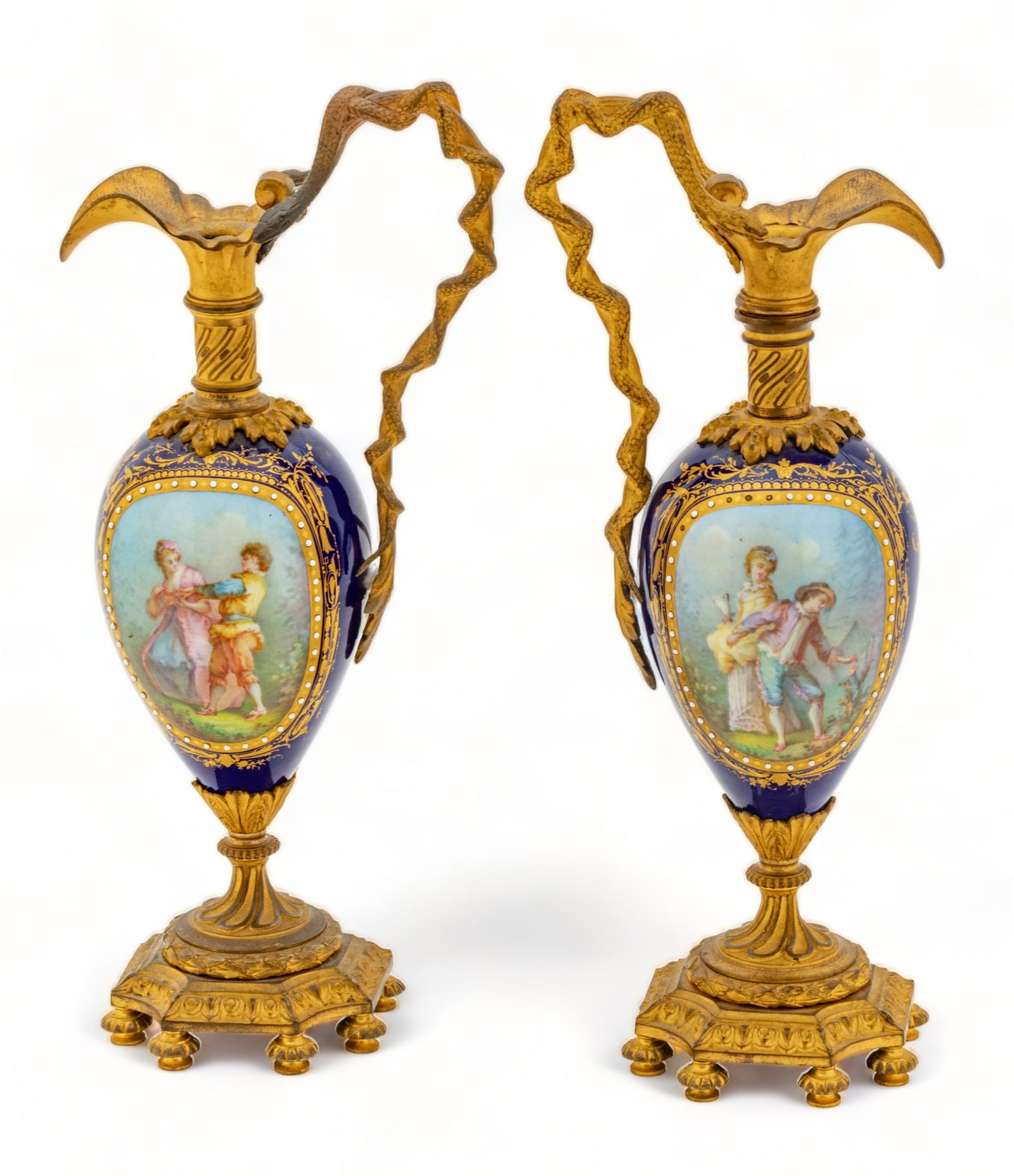 French Louis XV Style Hand Painted Porcelain with Gilt Ormolu Ewers, 19th C., H 11.25" W 4.5" 1 Pair (1 of 7)