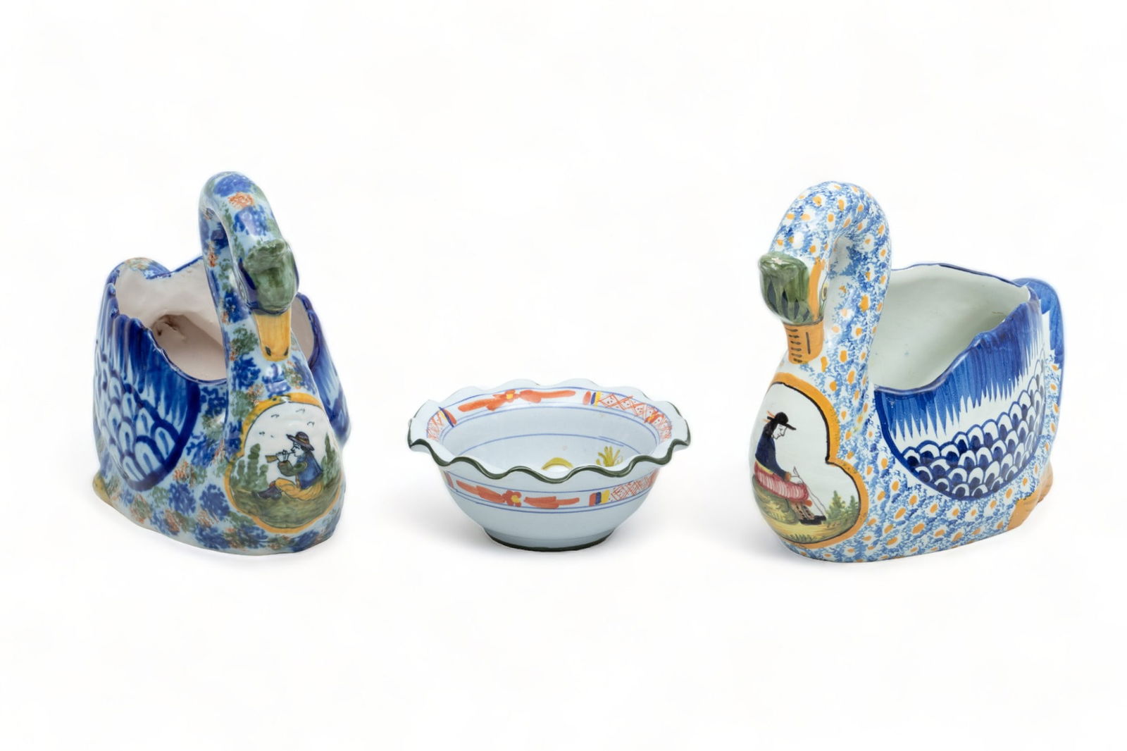 Henriot Quimper (France) Pottery Swans H 6.5" L 8" 3 pcs + Bowl Dia 4" (1 of 8)