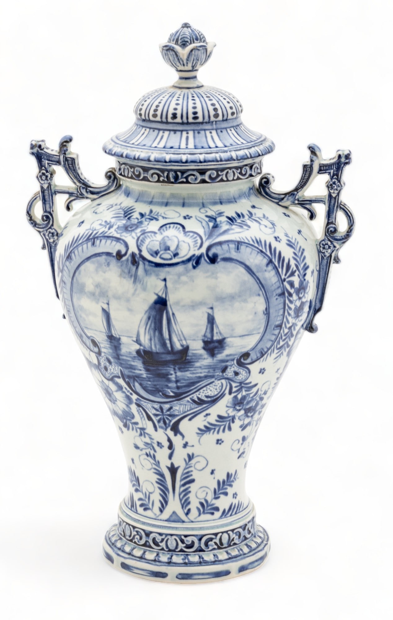 Delft Royal Bonn Faience Pottery Double Handled Covered Urn, Ca. 1900, H 13.75" W 8.25" (1 of 7)