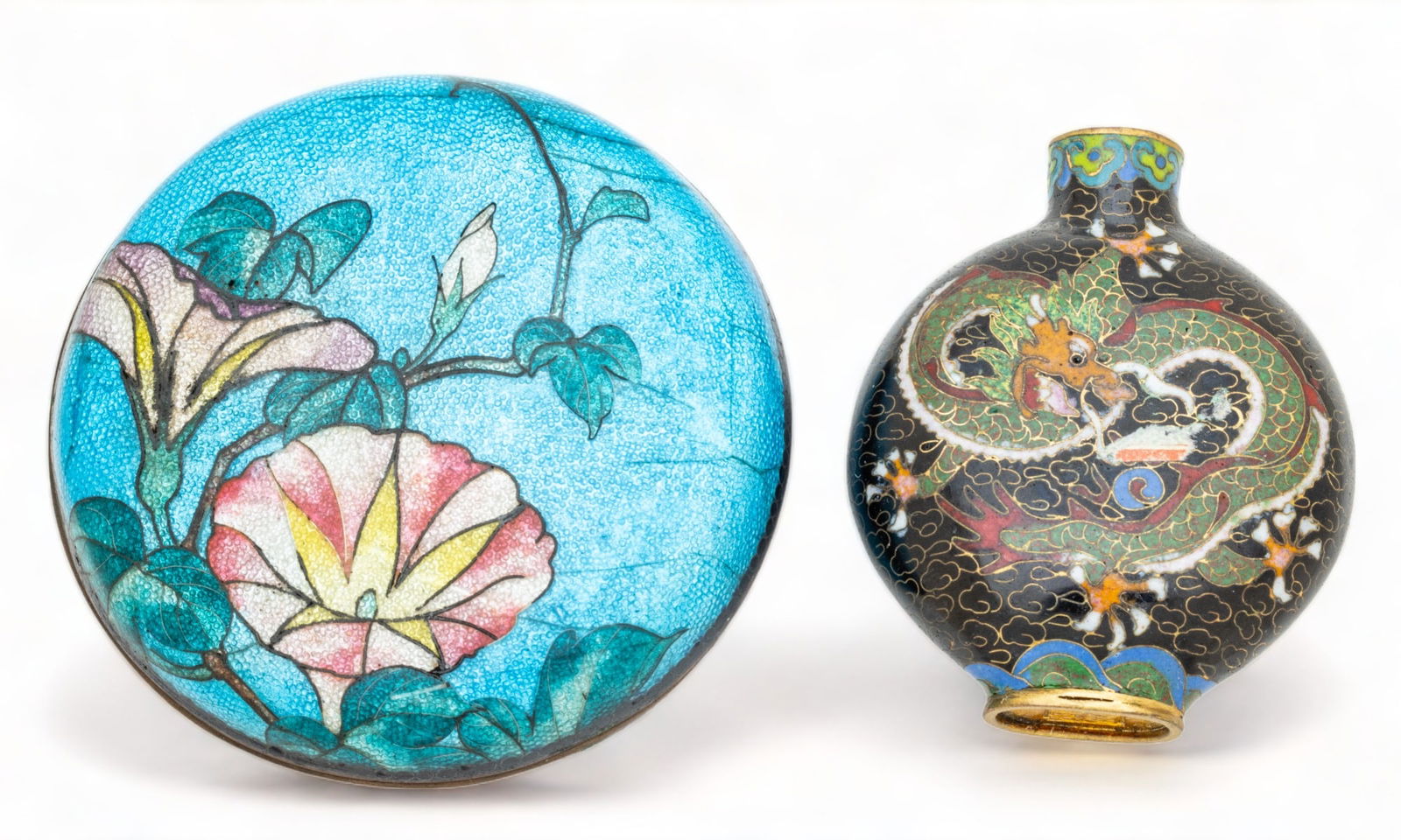 Chinese Round Covered Box & Japanese Cloisonee Snuff Bottle  19th.c., H 2.5" Dia. 3" 2 pcs (1 of 5)