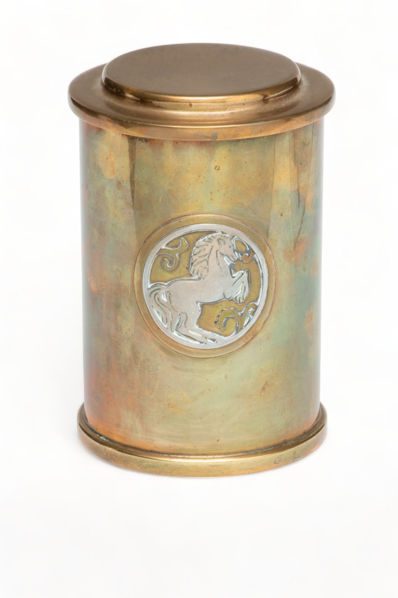 Smith Metal Arts Co. 'SilverCrest' Brass , Silver & Bronze Humidor, Ca. 1920, H 6.5" Dia. 4.5" (1 of 5)