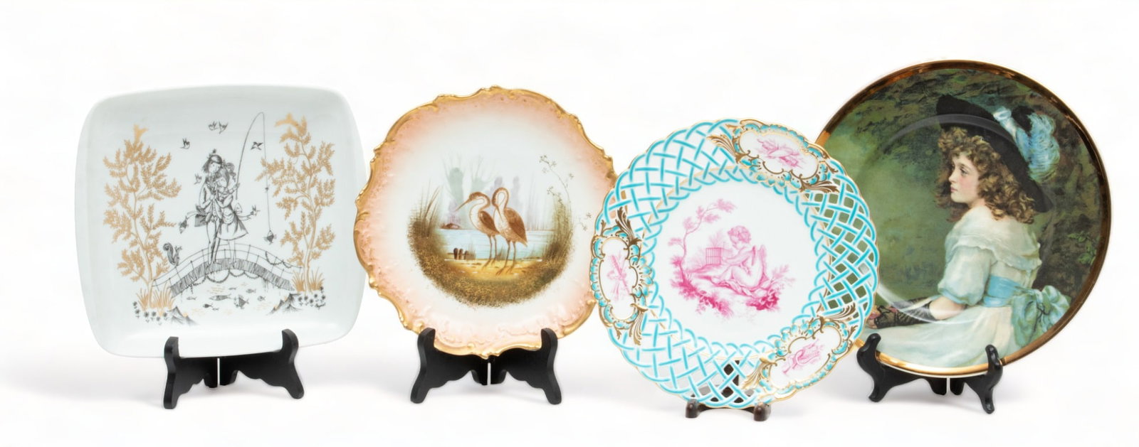French Limoges, Rosenthal, English Decorative Cabinet Plates 4 pcs: French Limoges, Rosenthal, English Decorative Cabinet Plates 4 pcs | Limoges hand painted plate with cranes 9". Limoges pink sepia plate with cherub motif and reticulated border 9.5", English bone chi