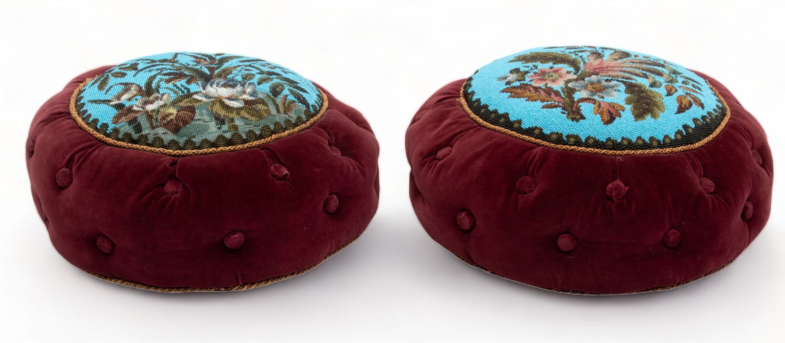 Red Velvet Poufs with Hand Beadwork Ca. 1900, H 7" Dia. 15" 2 pcs (1 of 3)
