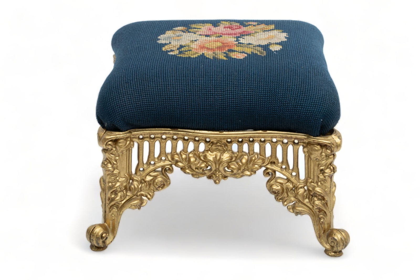 Cast Iron Base Large Needlepoint Footstool, Ca. 1900, H 9" W 12" L 12" (1 of 3)