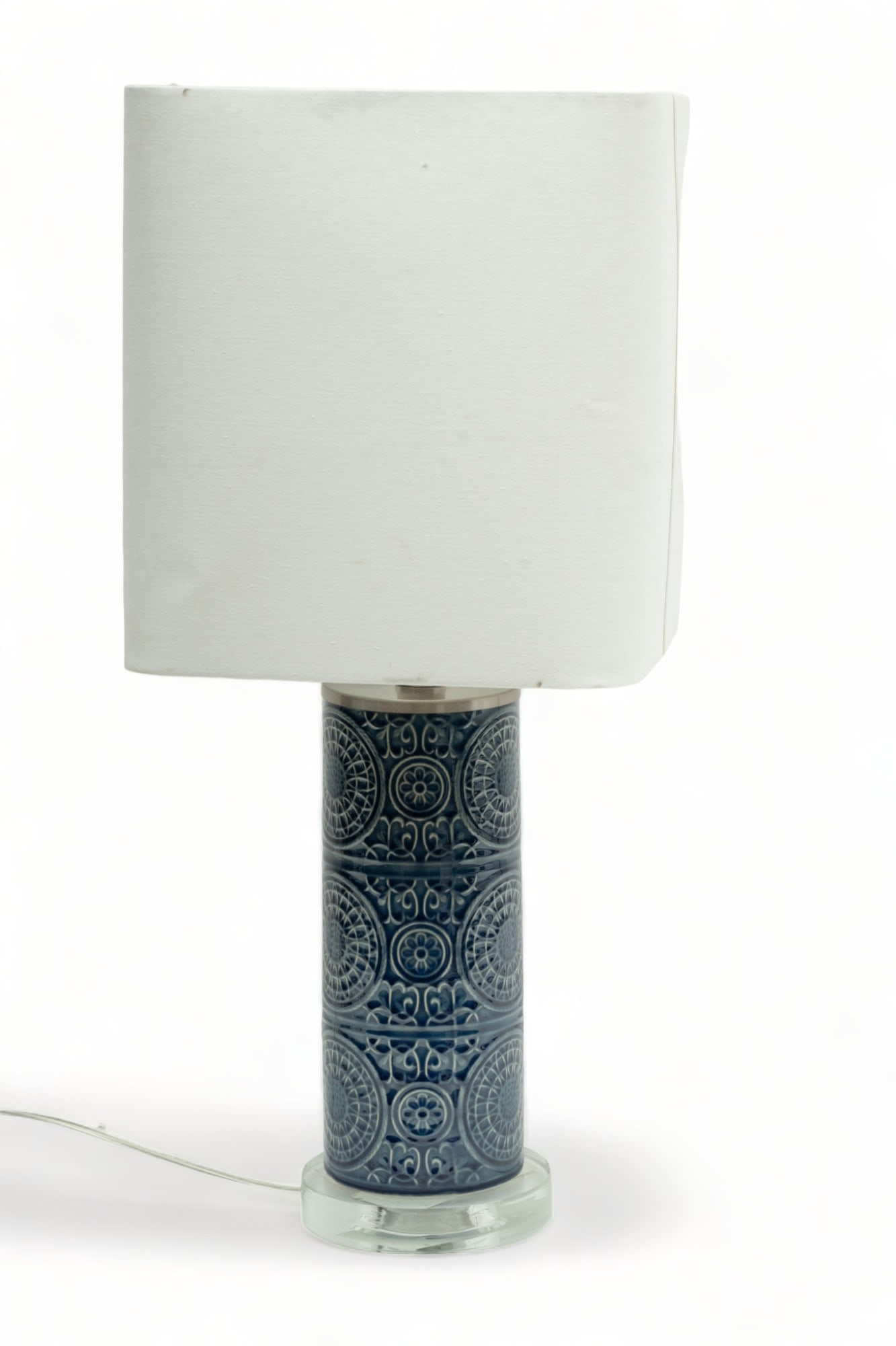 Mid Century Modern Blue Pottery Table Lamp, Ca. 1960, H 23": Mid Century Modern Blue Pottery Table Lamp, Ca. 1960, H 23" | Presented on an acrylic base. Having an overall cylinder form with Persian motif inspired blue tiles. Circa 1960. Provenance: Property of