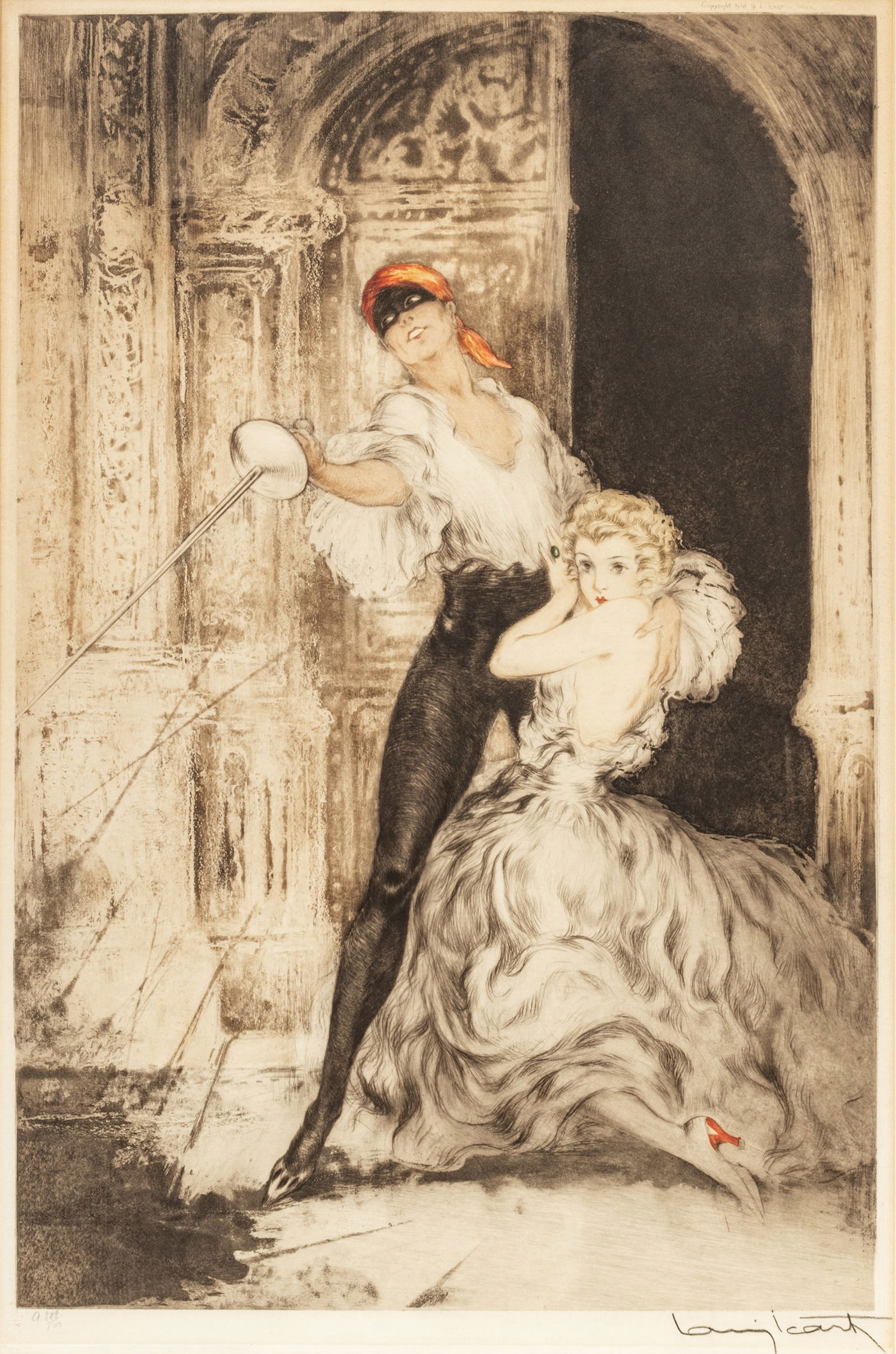 Louis Icart (French, 1888-1950) Etching And Drypoint with Hand Coloring on Paper, Ca. 1928, "Don: Louis Icart (French, 1888-1950) Etching And Drypoint with Hand Coloring on Paper, Ca. 1928, "Don Juan", H 20.25" W 13.25" | Signed in pencil lower right and numbered 323/500 lower left, copyright and