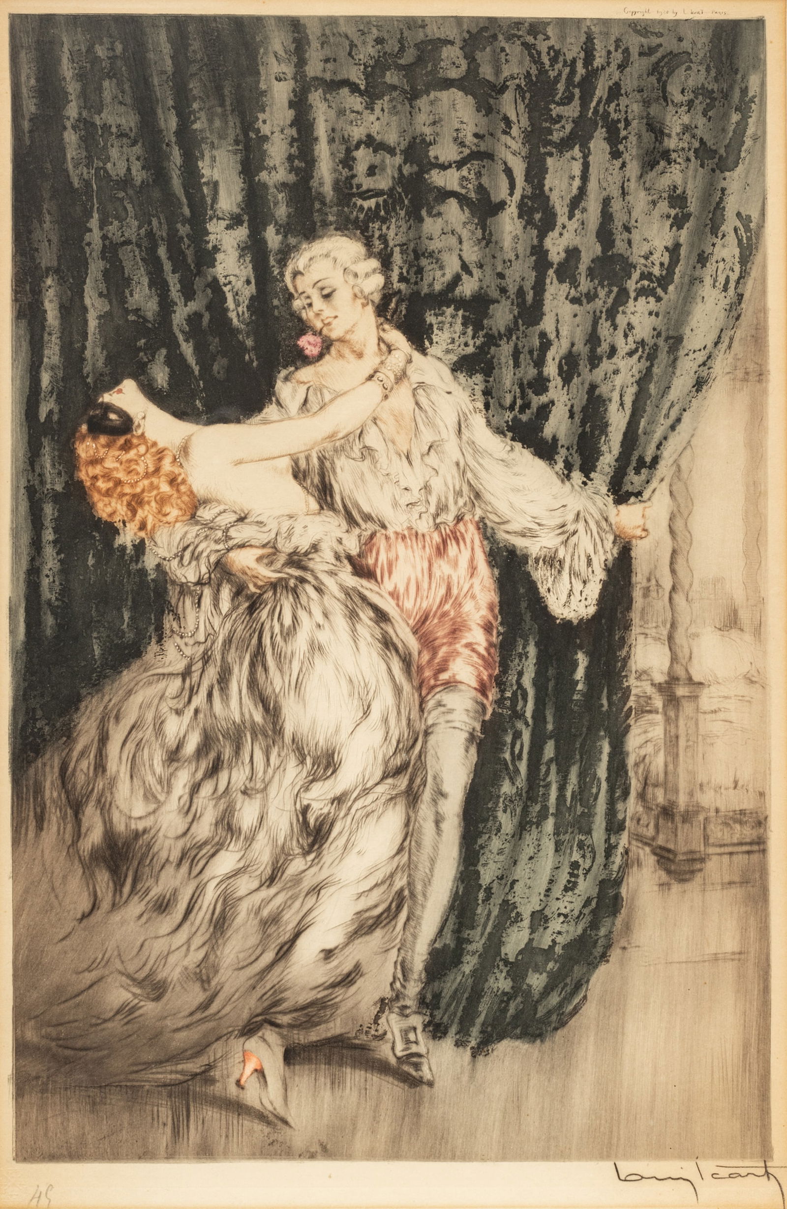 Louis Icart (French, 1888-1950) Etching And Drypoint with Hand Coloring on Paper 1928, "Casanova", H: Louis Icart (French, 1888-1950) Etching And Drypoint with Hand Coloring on Paper 1928, "Casanova", H 20.25" W 13.37" | Signed in pencil lower right, annoatated HC lower left (an hors commerce impressi