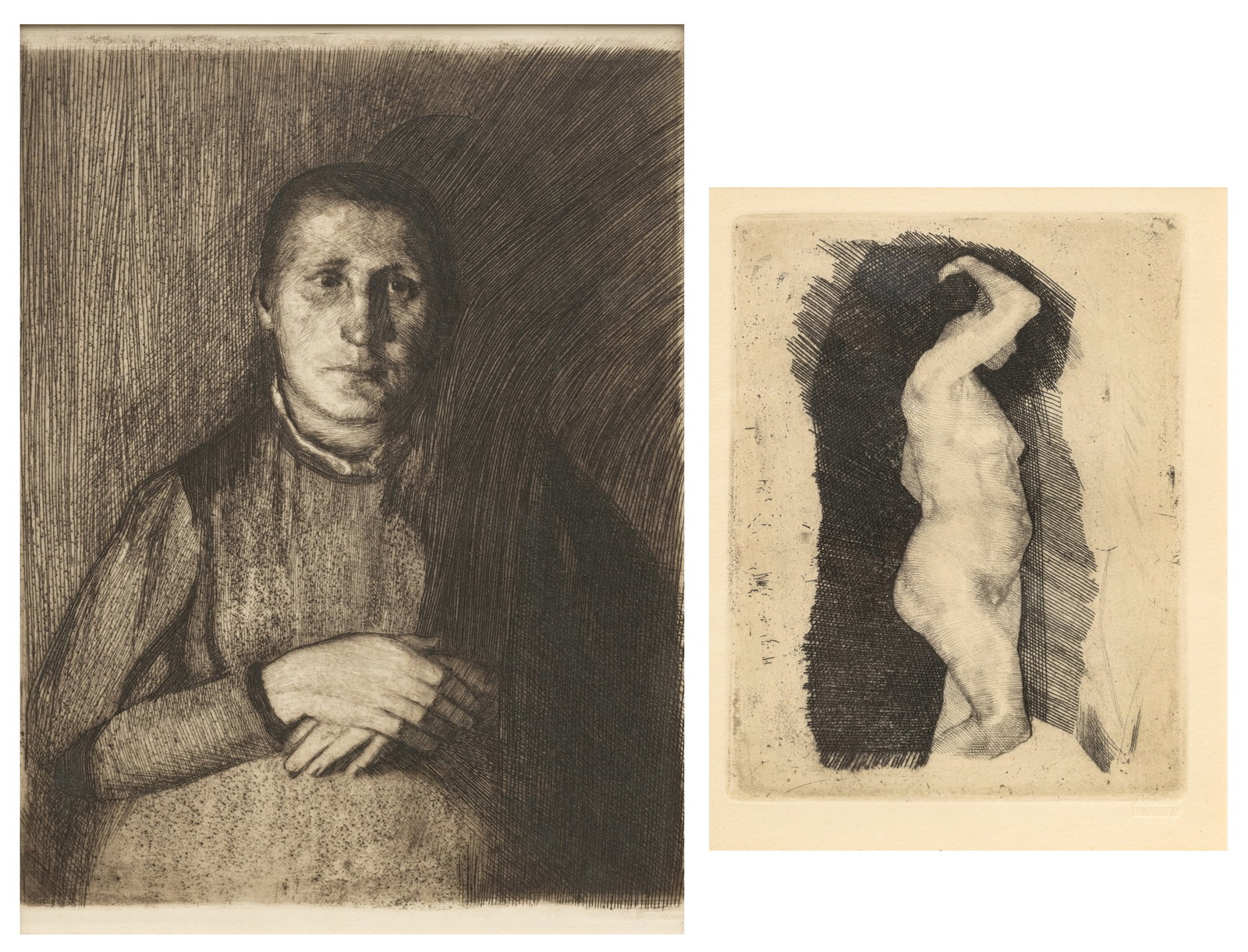 Käthe Kollwitz (German, 1867-1945) Etchings on Paper, Ca. 1898; 1900, "Ein Weberaufstand;: Käthe Kollwitz (German, 1867-1945) Etchings on Paper, Ca. 1898; 1900, "Ein Weberaufstand; Stehender Weiblicher Akt", Two Prints, H 11" W 9" | Later Impressions. Published by Alexander von der Bec