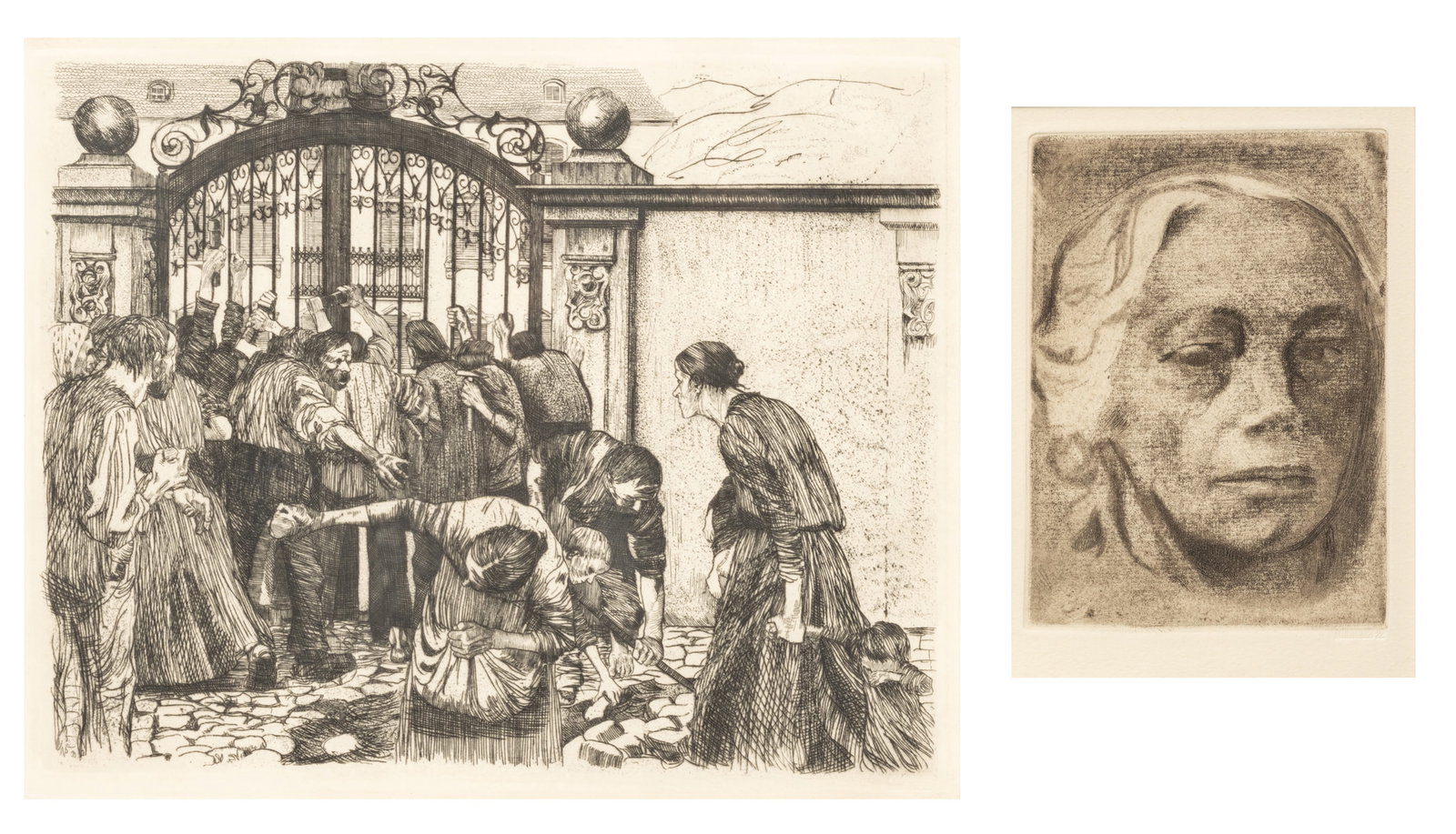 Käthe Kollwitz (German, 1867-1945) Etchings on Wove Paper, "Sturmaus Ein Weberaufstand;: Käthe Kollwitz (German, 1867-1945) Etchings on Wove Paper, "Sturmaus Ein Weberaufstand; Selbstbildnis", Two Prints, H 9.5" W 12" | Later Impressions. Published by Alexander von der Becke, Munich 