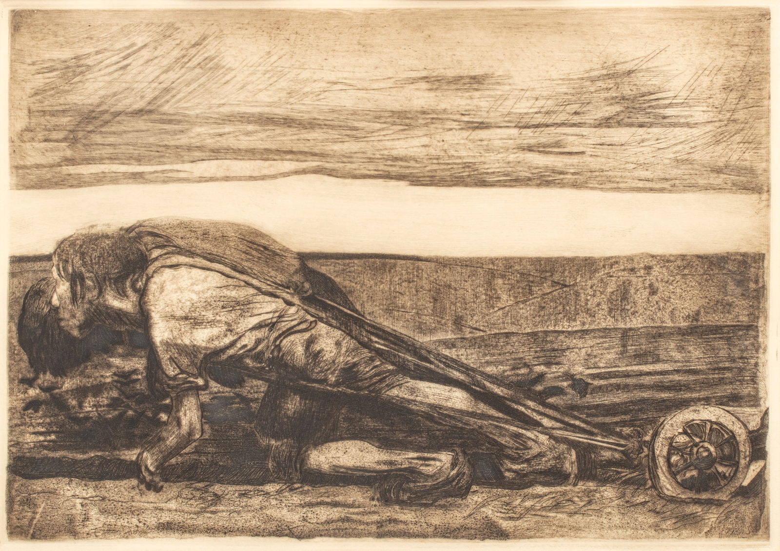 Käthe Kollwitz (German, 1867-1945) Etching on Paper, 1906, "Die Pflüger (Plowing)", H: Käthe Kollwitz (German, 1867-1945) Etching on Paper, 1906, "Die Pflüger (Plowing)", H 12.2" W 17.5" | from "Bauernkrieg Series (Peasants' War). Later Impression: 1921. Published by Alexander
