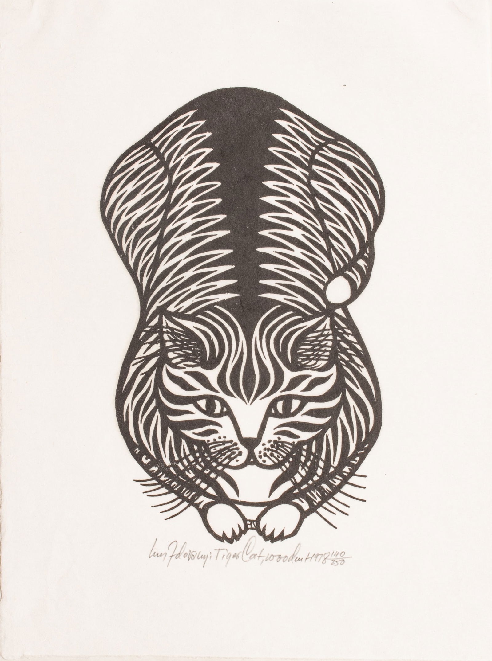 Jacques Hnizdovsky (Ukrainian, 1915-1985) Woodcut on Paper, Ca. 1978, "Tiger Cat", H 10.25" W 6.25": Jacques Hnizdovsky (Ukrainian, 1915-1985) Woodcut on Paper, Ca. 1978, "Tiger Cat", H 10.25" W 6.25" | Signed in pencil lower center, titled, dated and numbered 140/250. Unframed and mated. Paper size
