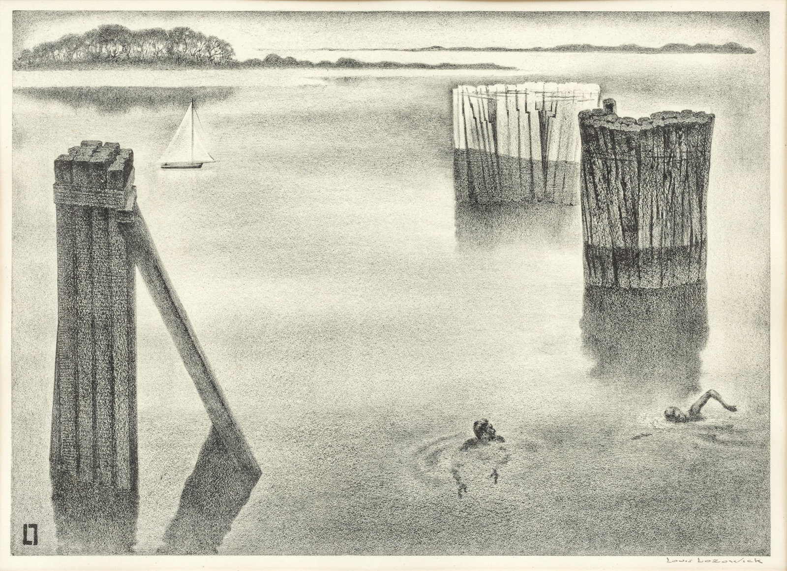 Louis Lozowick (AMERICAN/UKRAINIAN, 1892-1973) Lithograph on Wove Paper, 1932, "Quiet Harbor: Louis Lozowick (AMERICAN/UKRAINIAN, 1892-1973) Lithograph on Wove Paper, 1932, "Quiet Harbor (Swimming Hole)", H 9.25" W 13" | Signed to lower right ‘Louis Lozowick’. This work is from the