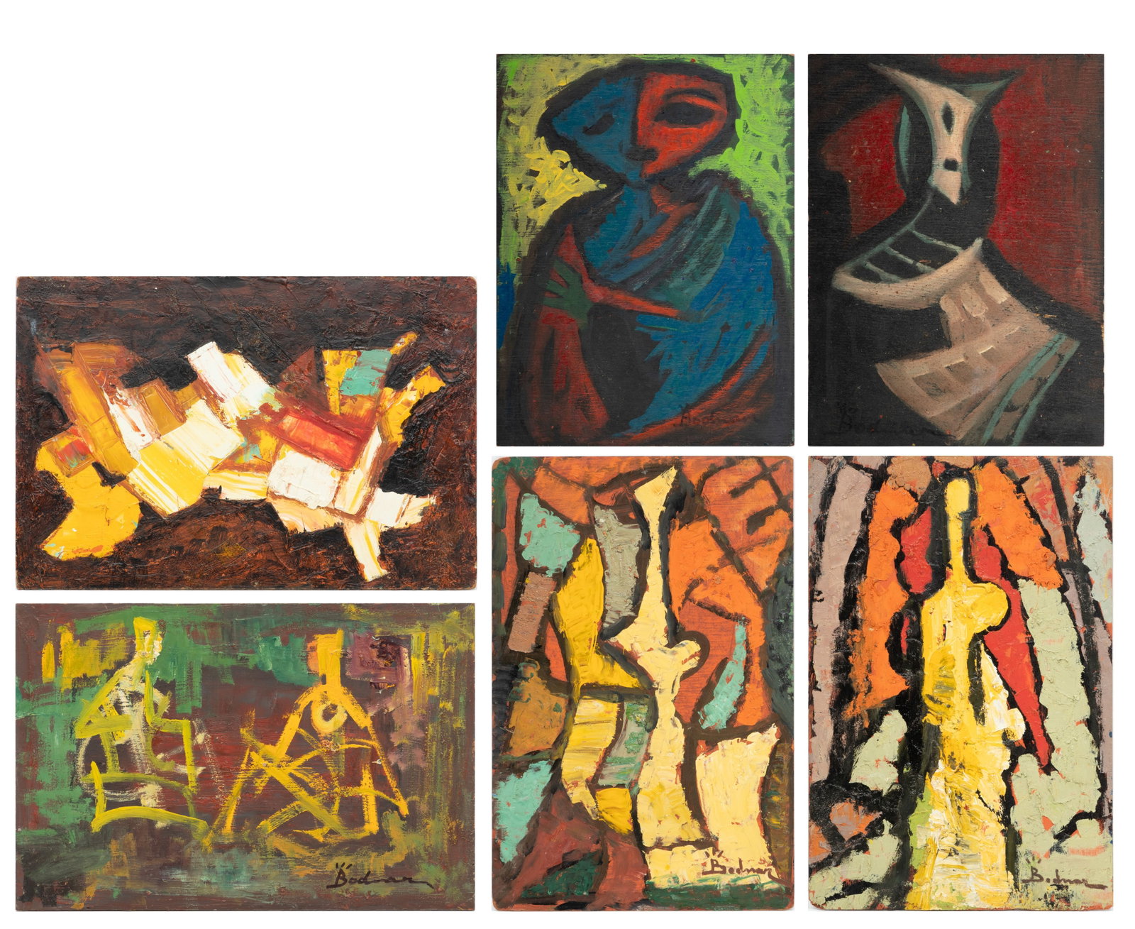 Bertalan Bodnar (Hungarian, 1909-1985) Oil on Masonite Boards, Untitled Abstract Compositions, H 18": Bertalan Bodnar (Hungarian, 1909-1985) Oil on Masonite Boards, Untitled Abstract Compositions, H 18" W 12" 6 pcs | Each signed to the lower margins or the verso. Unframed. Provenance: Property from a 
