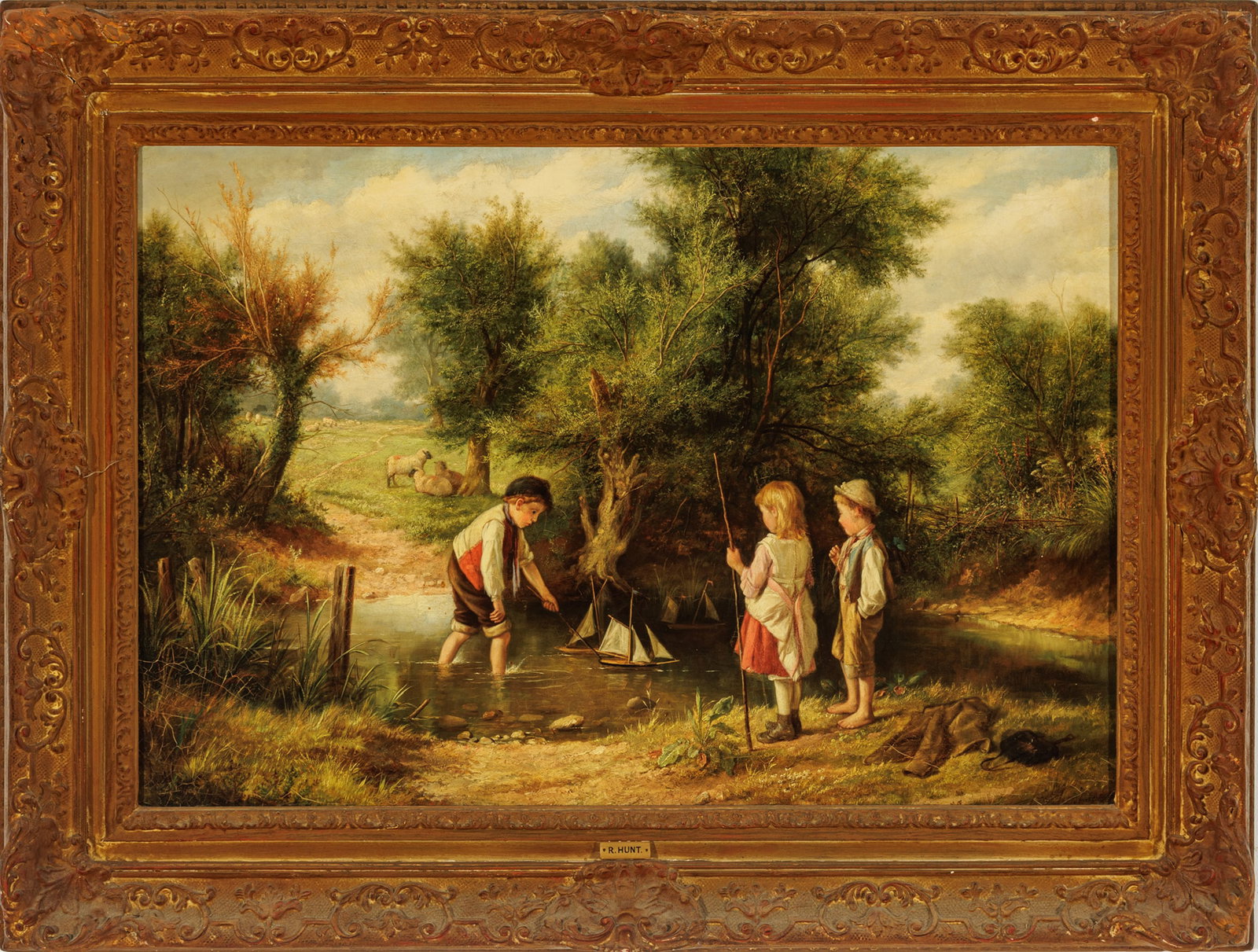 Reuben Hunt (English, 1857-1938) Oil on Canvas, Ca. 1888, Children with Toy Boats, H 20" W 30": Reuben Hunt (English, 1857-1938) Oil on Canvas, Ca. 1888, Children with Toy Boats, H 20" W 30" | Signed 'R. Hunt 88' in the lower right. Depicting three children playing with toy boats in a creek with
