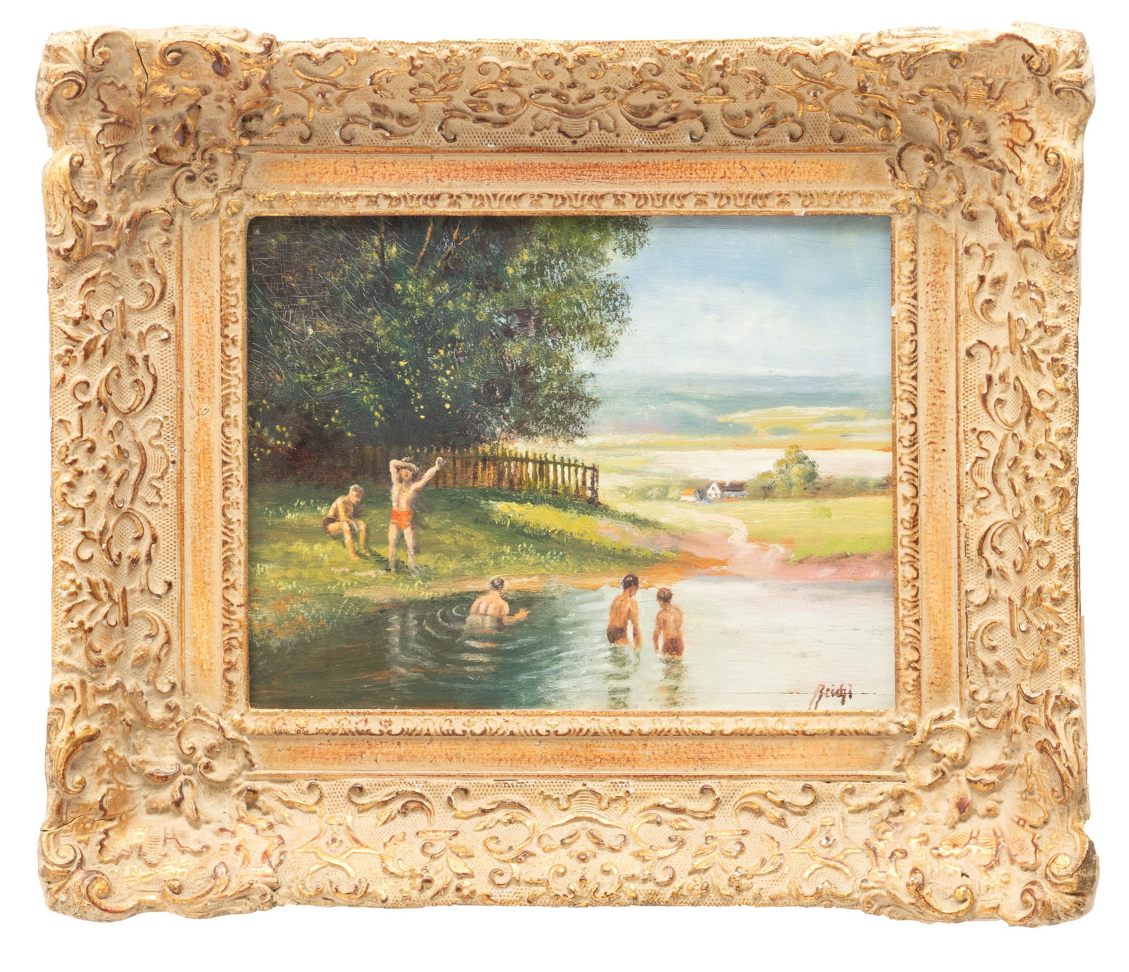 Alois Reichl, (Germany) Oil on Panel, Ca. 1960, "Children Swimming", H 8" W 9.5": Alois Reichl, (Germany) Oil on Panel, Ca. 1960, "Children Swimming", H 8" W 9.5" | Signed lower right. Label from W T Burger Co. Provenance: From the Estate of Prominent Collector, Leon Zielinski, Mac