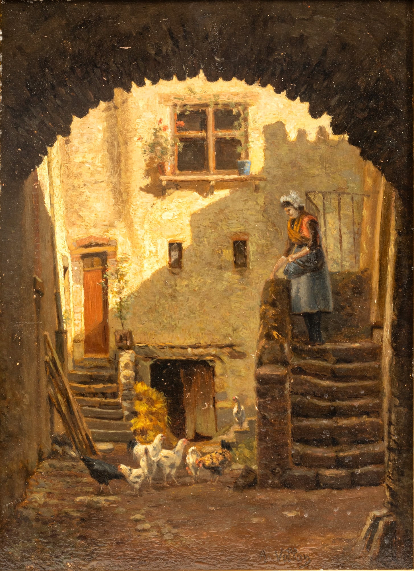 Antoine Vollon (French, 1833-1900) Oil on Mahogany Panel, "Courtyard Racket, Clermont-Ferrand", H: Antoine Vollon (French, 1833-1900) Oil on Mahogany Panel, "Courtyard Racket, Clermont-Ferrand", H 16.5" W 12" | Signed in the lower right. Courtyard scene in Clermont-Ferrand, France. Depicting a woma