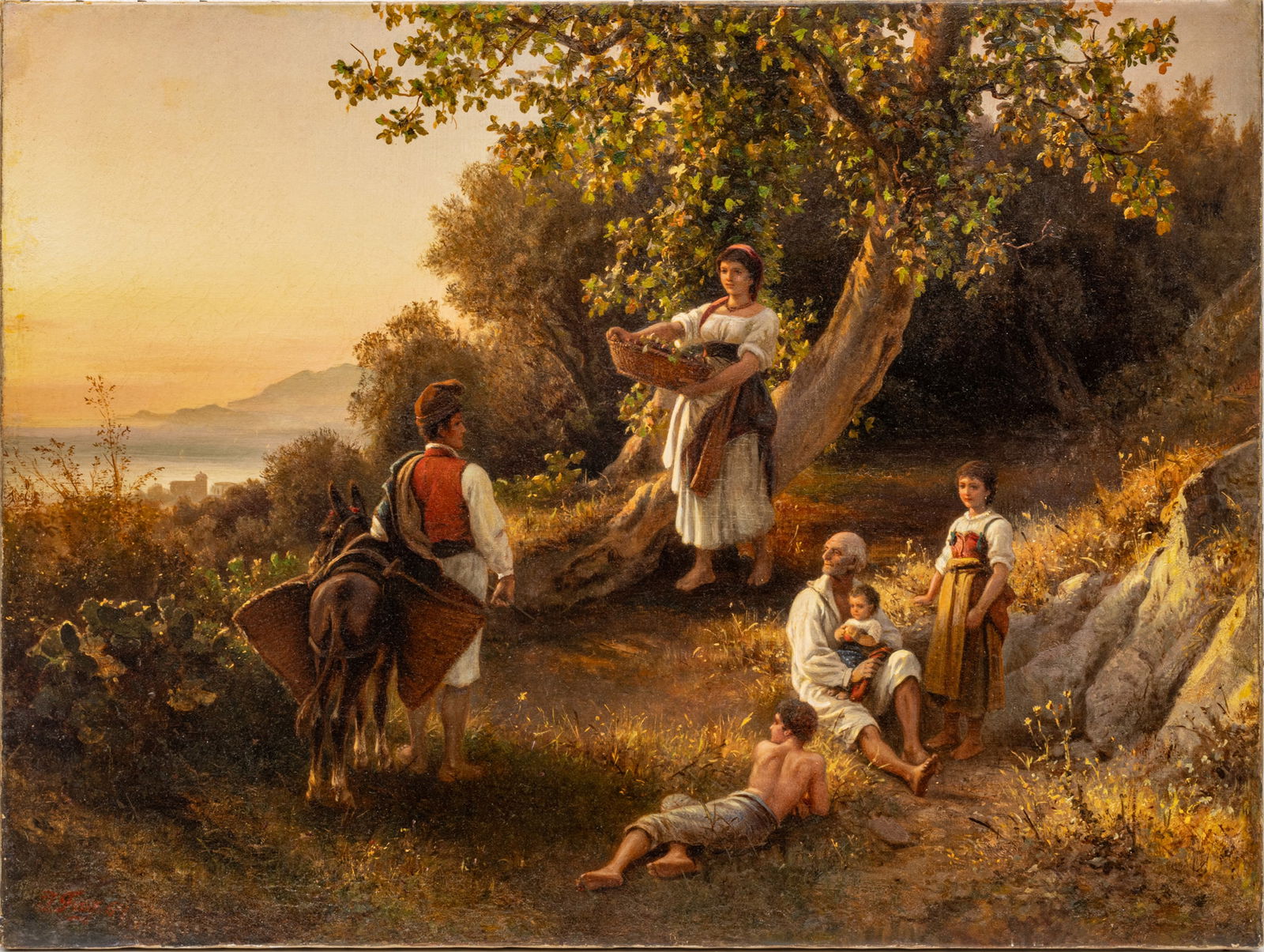 Joseph Fay (German, 1813-1875) Oil on Canvas, Ca. 1864, "In the Fields", H 21" W 28": Joseph Fay (German, 1813-1875) Oil on Canvas, Ca. 1864, "In the Fields", H 21" W 28" | Signed and dated in the lower left. Depicting a family taking a moment of rest as a young woman brings a basket o
