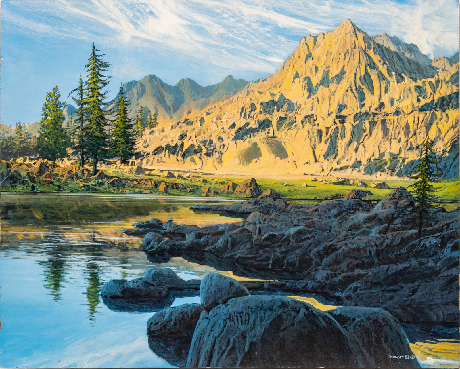 Jean-Pierre Trevor (American, B. 1948) Oil on Masonite, Ca. 1981, "Summer Shadows", H 24" W 30": Jean-Pierre Trevor (American, B. 1948) Oil on Masonite, Ca. 1981, "Summer Shadows", H 24" W 30" | Signed and dated in the lower left. Summertime mountainscape with a meandering river in the foreground