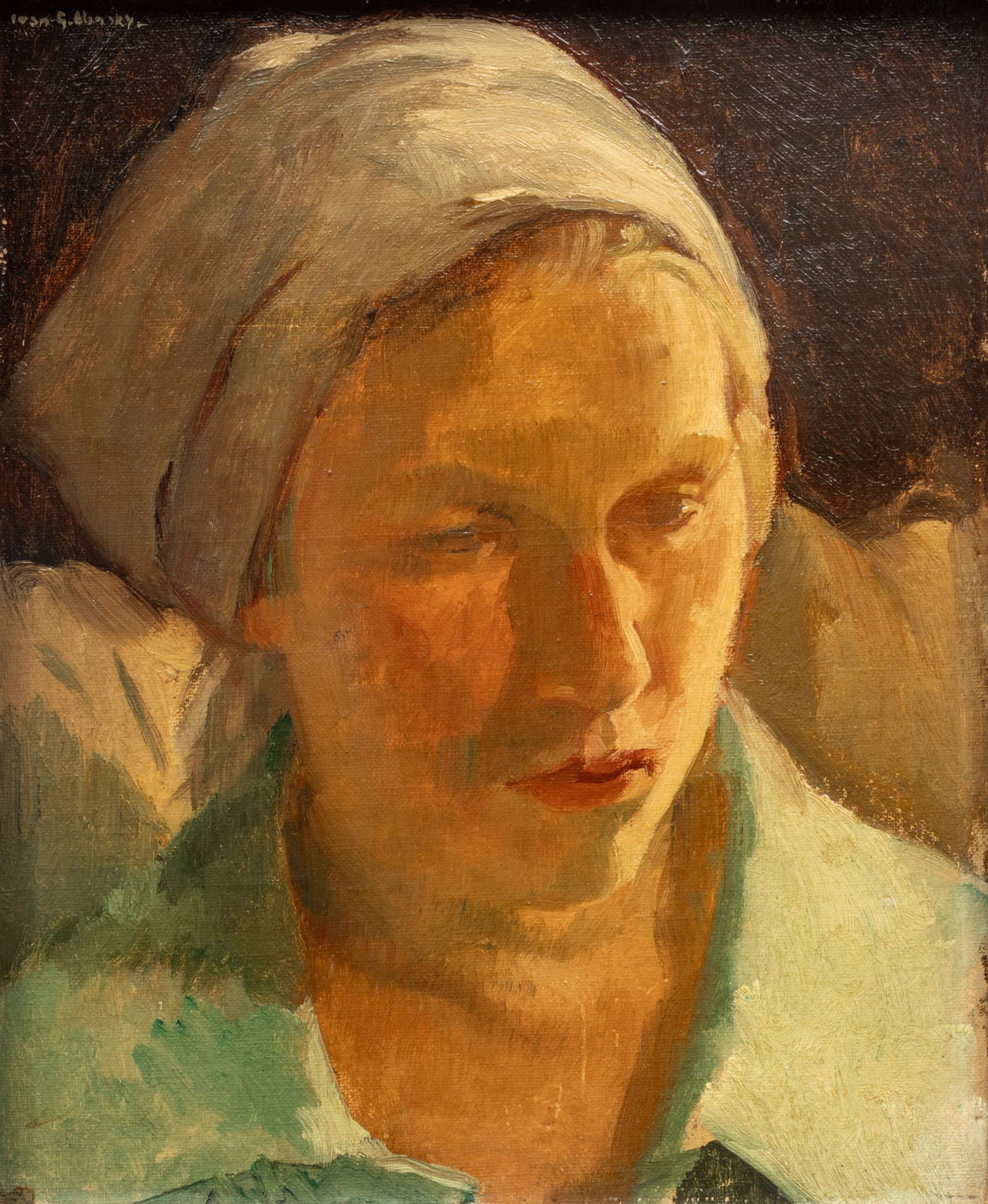 Ivan Gregorewitch Olinsky (Ukrainian-Amer., 1878-1962) Oil on Artist Board, "Portrait of a Lady", H: Ivan Gregorewitch Olinsky (Ukrainian-Amer., 1878-1962) Oil on Artist Board, "Portrait of a Lady", H 11" W 9" | Signed in the upper left. Portrait of a young woman with a white headscarf and blue blous