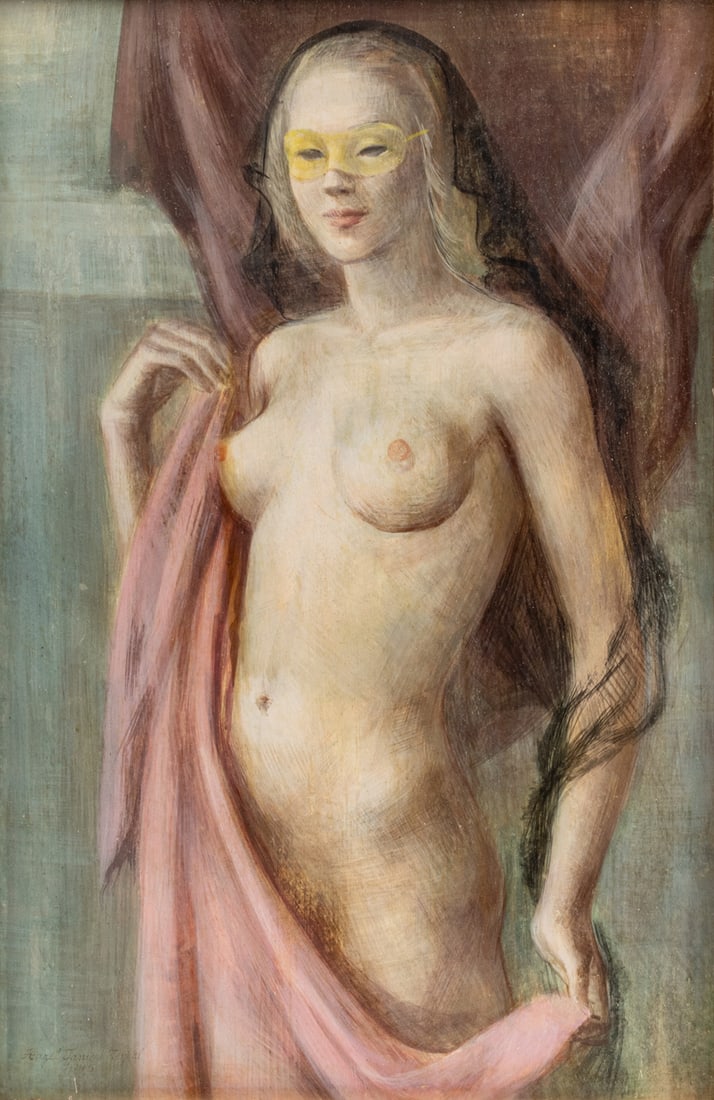 Hazel Janicki (American, 1918-1976) Oil on Artist Board, 1945, "Masquerade", H 15" W 10": Hazel Janicki (American, 1918-1976) Oil on Artist Board, 1945, "Masquerade", H 15" W 10" | Depicting a masked young woman disrobing. Signed and dated 1945 to the lower left. with Ten-Thirty Gallery of