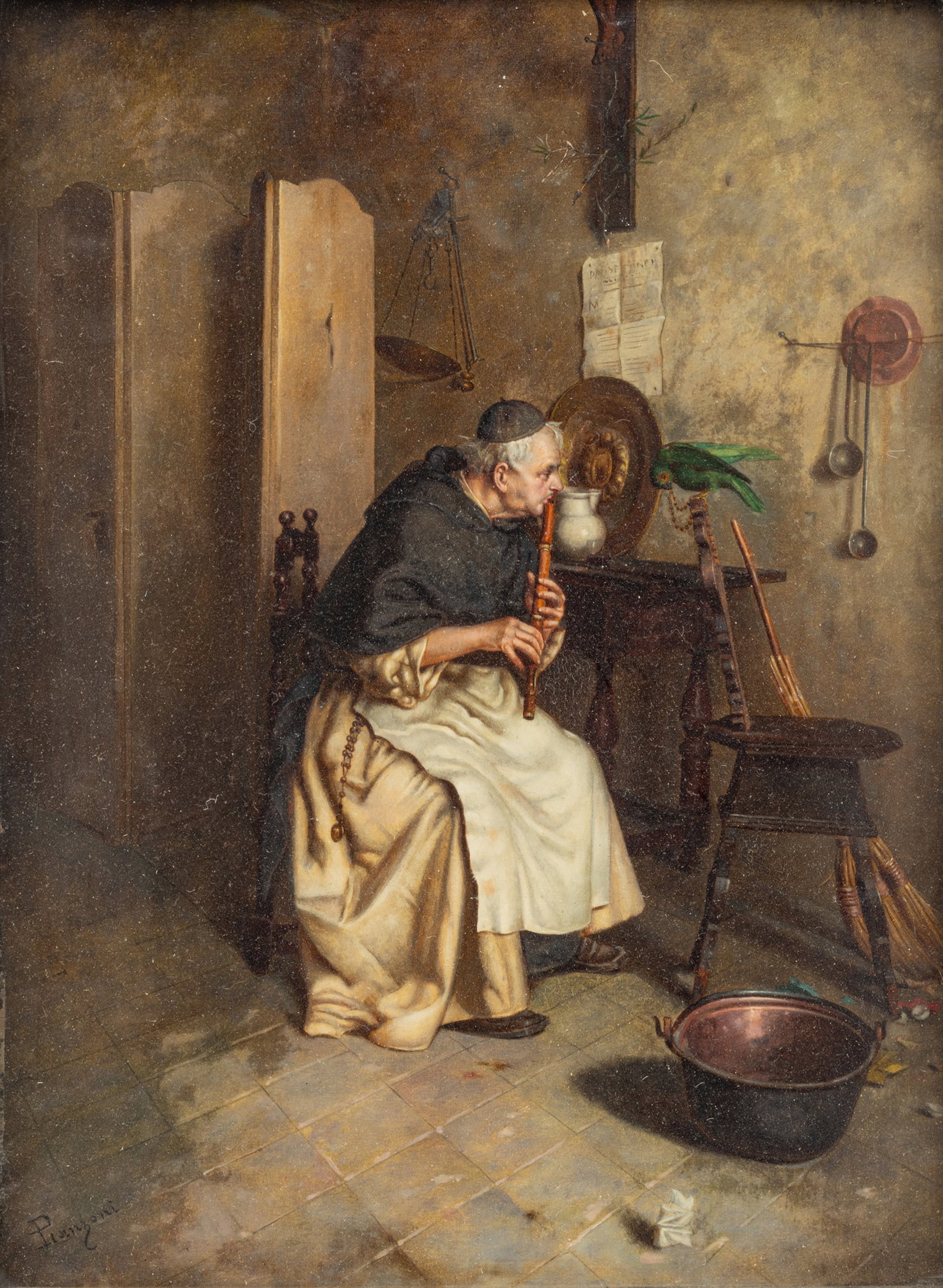 P. Lanzoni (Italian, 19th C.) Oil on Beveled Mahogany Panel, 19th C., "Private Concert", H 14.5" W: P. Lanzoni (Italian, 19th C.) Oil on Beveled Mahogany Panel, 19th C., "Private Concert", H 14.5" W 10.75" | Signed in the lower left. Indoor scene of a seated monk playing a flute for his pet parrot. 