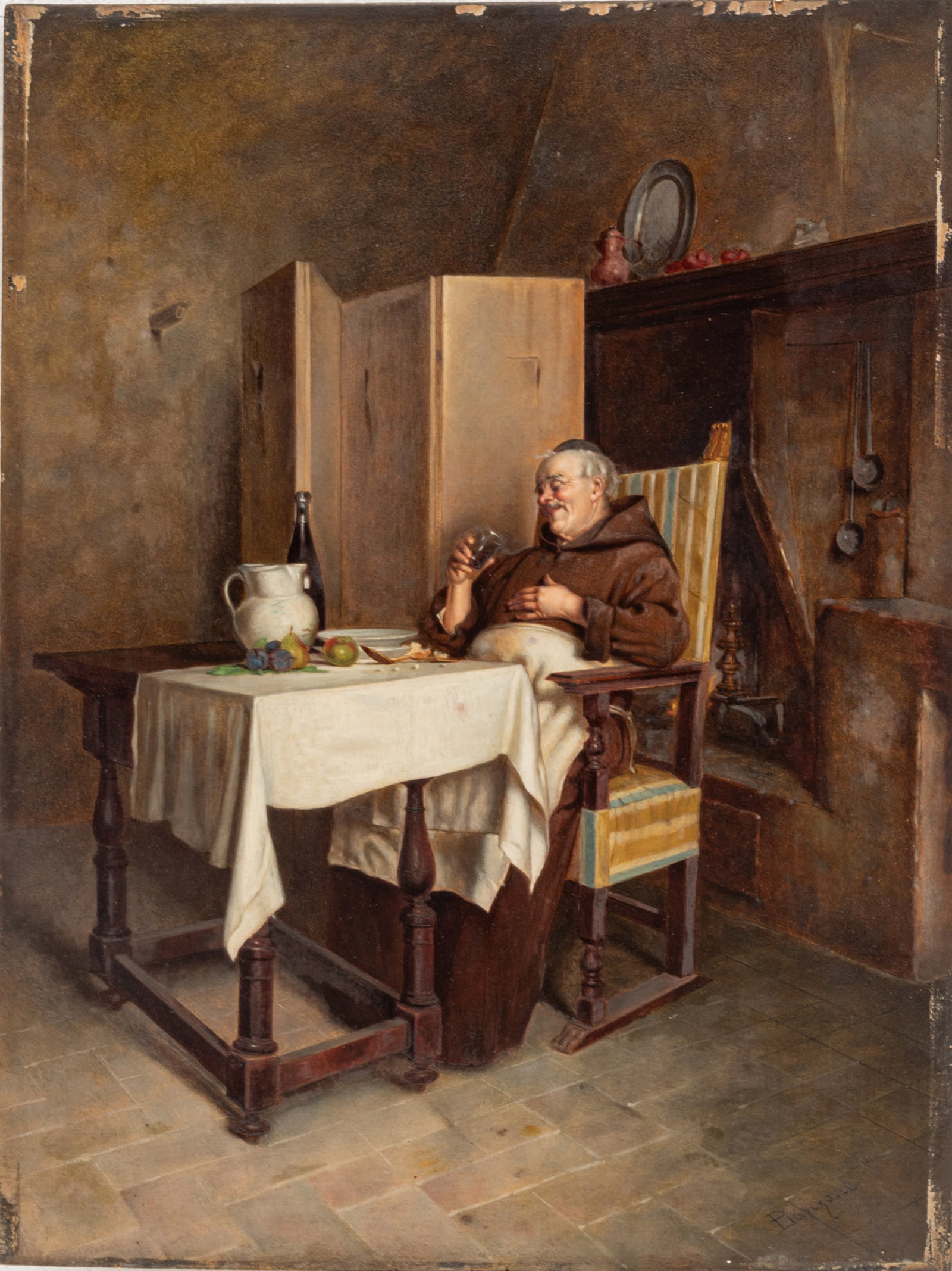 Pietro Lanzoni (Italian, 1827-1899) Oil on Beveled Mahogany Panel 1880-1890, a Monk's Repast, H: Pietro Lanzoni (Italian, 1827-1899) Oil on Beveled Mahogany Panel 1880-1890, a Monk's Repast, H 14.25" W 10.25" | Signed lower right. Depicting a monk enjoying wine after a hearty meal. in a period cr