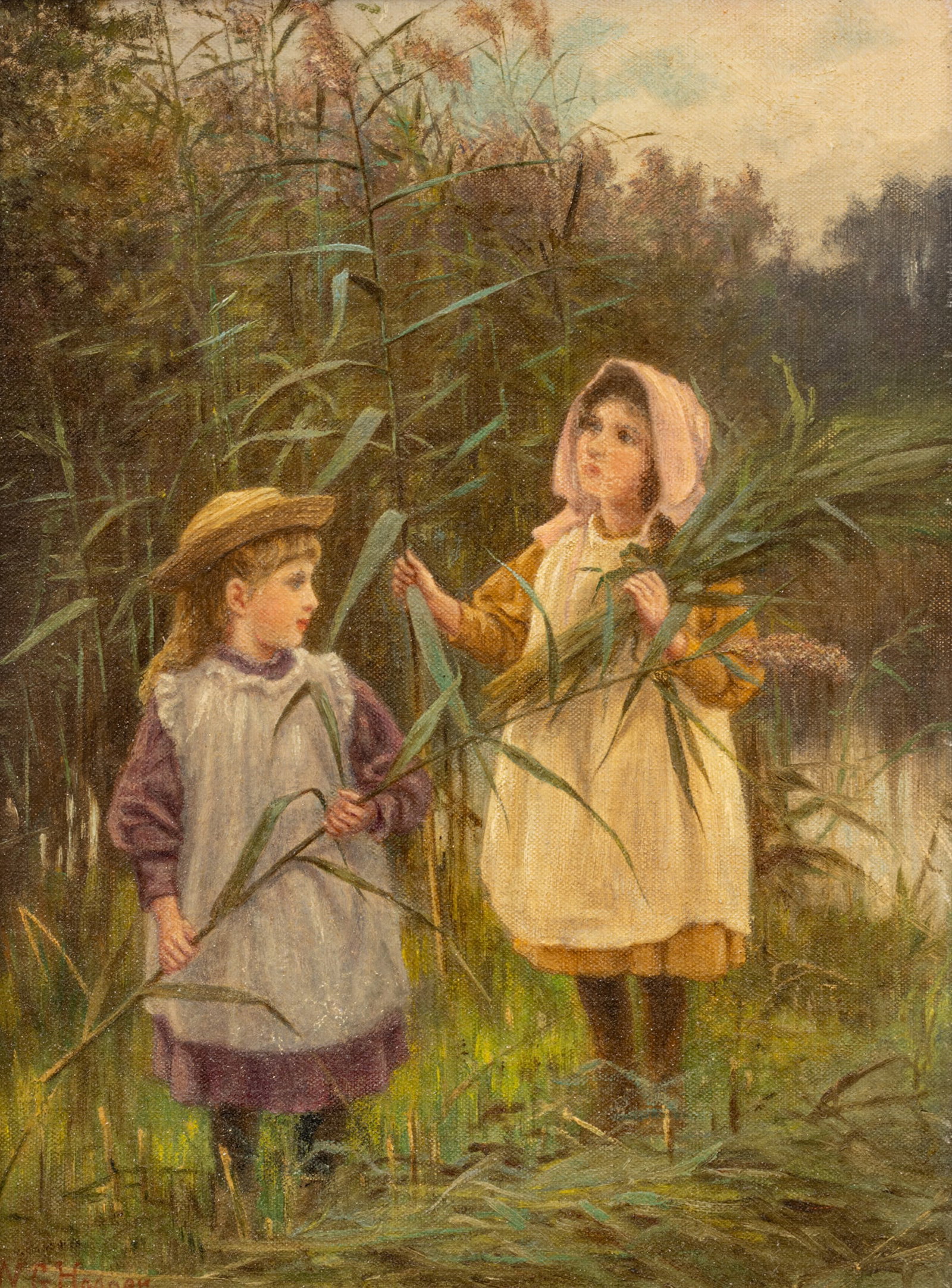 William G. Hooper (English, Fl. 1870-1913) Oil on Canvas, "Two Children Gathering Reeds", H 12" W 9": William G. Hooper (English, Fl. 1870-1913) Oil on Canvas, "Two Children Gathering Reeds", H 12" W 9" | Signed in the lower left. Depicting two young girls gathering reeds at the river's edge. Having a