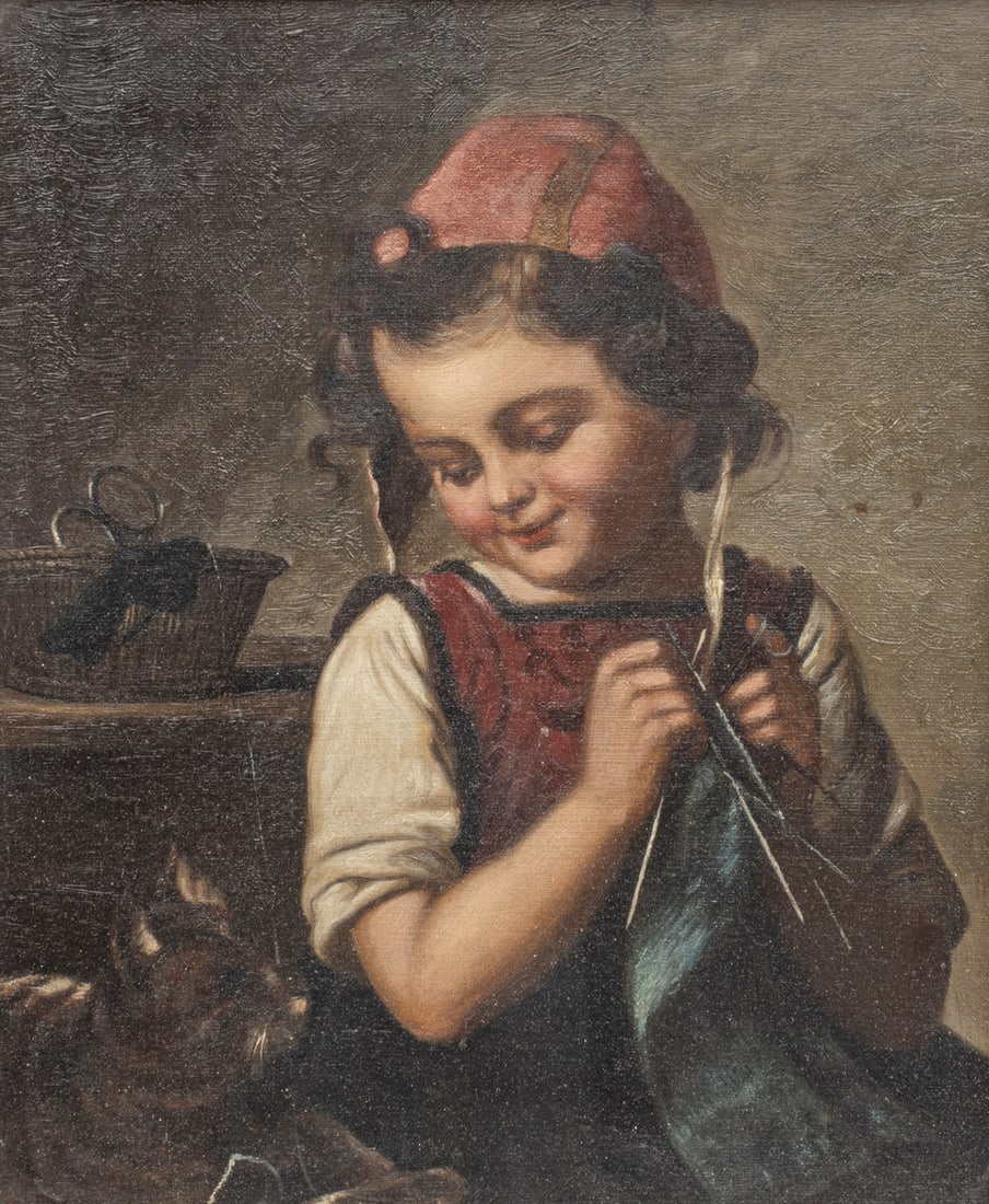 Italian Oil on Canvas, Knitting Girl with Cat, Ca. 19th C., H 12.5" W 10.5": Italian Oil on Canvas, Knitting Girl with Cat, Ca. 19th C., H 12.5" W 10.5" | Depicting a knitting Italian girl gazing upon a striped cat biting a string of thread. Unsigned. Frame measures H 24" X W 