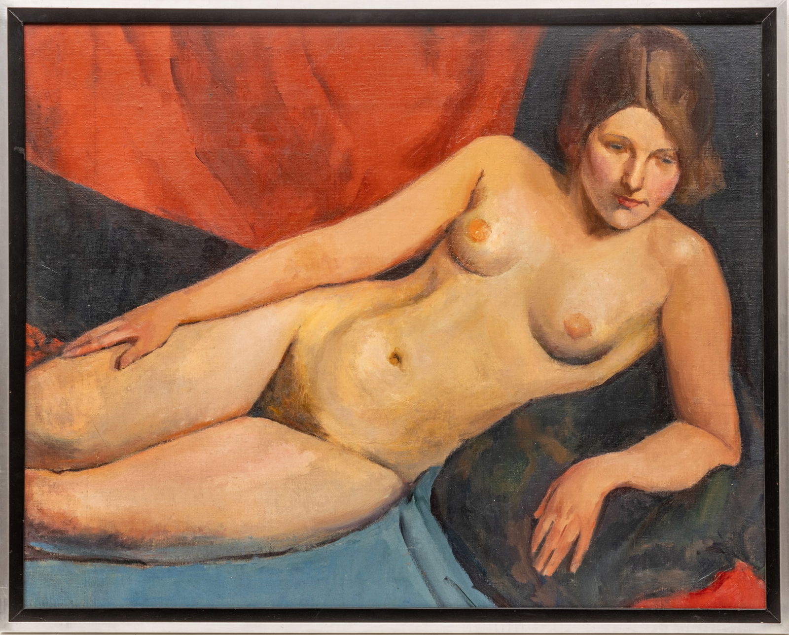 Attributed to Bernard Karfiol (Hungary-Amer., 1886-52) Oil on Canvas Mounted to Board, Ca. 1930s,: Attributed to Bernard Karfiol (Hungary-Amer., 1886-52) Oil on Canvas Mounted to Board, Ca. 1930s, "Reclining Female", H 32" W 29.25" | Unsigned. Bearing a paper label on the verso that reads "Bernard