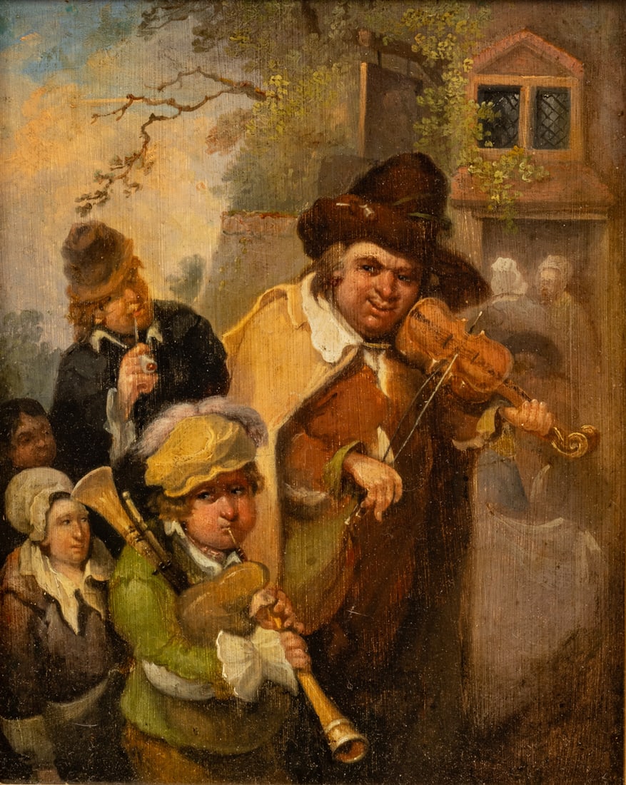 After Christian Wilhelm Ernst Dietrich (German, 1712-1774) Oil on Panel, Ca. 19th C., "The Wandering: After Christian Wilhelm Ernst Dietrich (German, 1712-1774) Oil on Panel, Ca. 19th C., "The Wandering Musicians", H 8.5" W 6.75" | Unsigned. Depicting a group of wandering musicians passing through a t