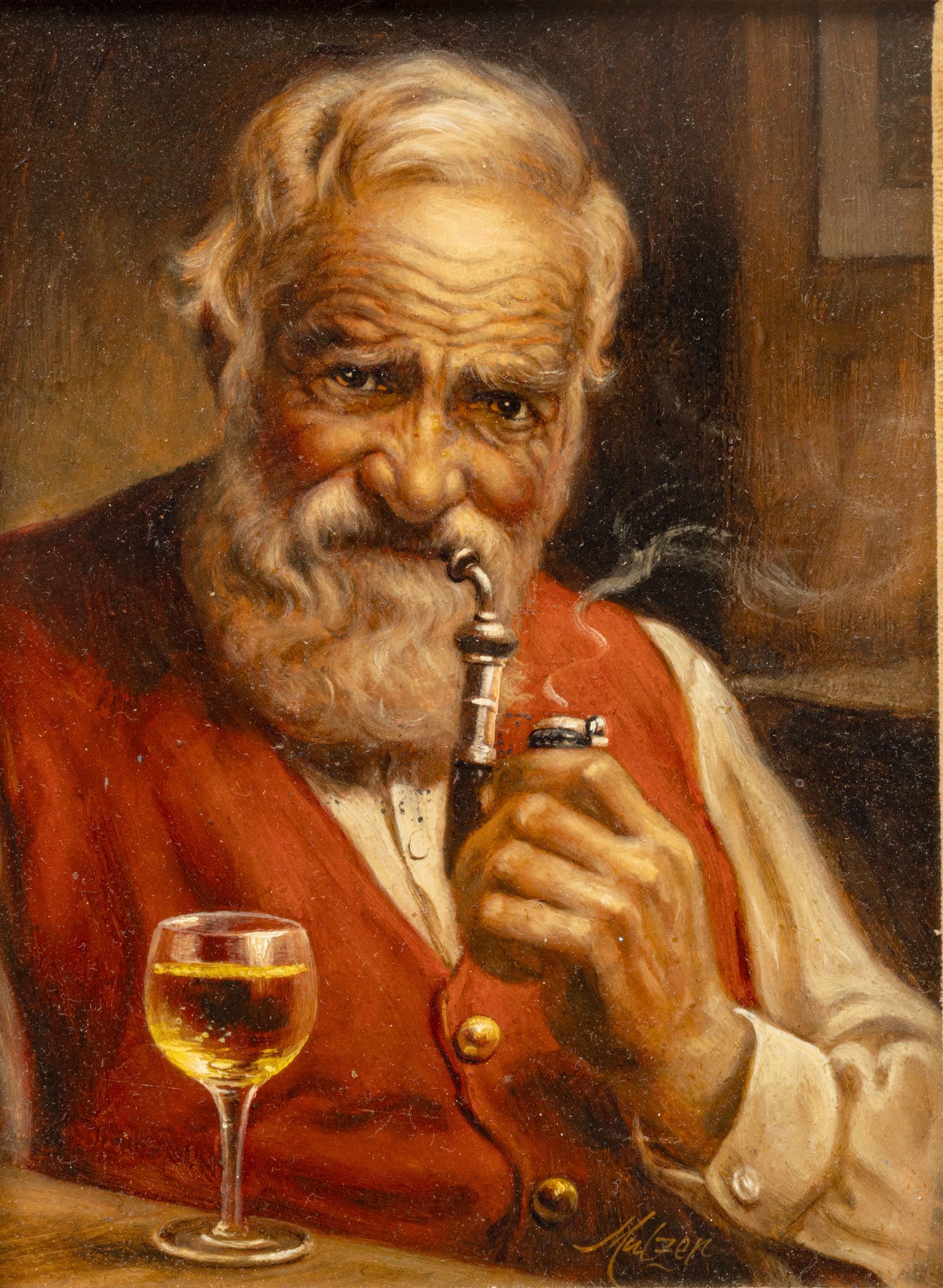 Mulzer (German, 20th C.) Oil on Board, "Elder with a Pipe", H 9" W 6.5": Mulzer (German, 20th C.) Oil on Board, "Elder with a Pipe", H 9" W 6.5" | Signed Mulzer in the lower right. Depicting an elderly gentleman holding a pipe to his mouth and having a wine glass in front 