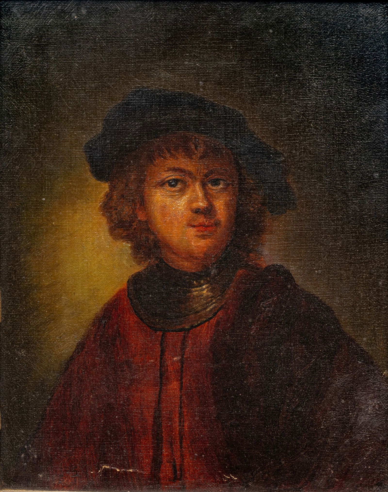 Oil on Canvas After Rembrandt's Self Portrait, Ca. First Half 20th C., H 10" W 8.25": Oil on Canvas After Rembrandt's Self Portrait, Ca. First Half 20th C., H 10" W 8.25" | Unsigned. Having a carved wood frame, H 16", W 13.75". Provenance: Property from a Grosse Pointe, MI private coll