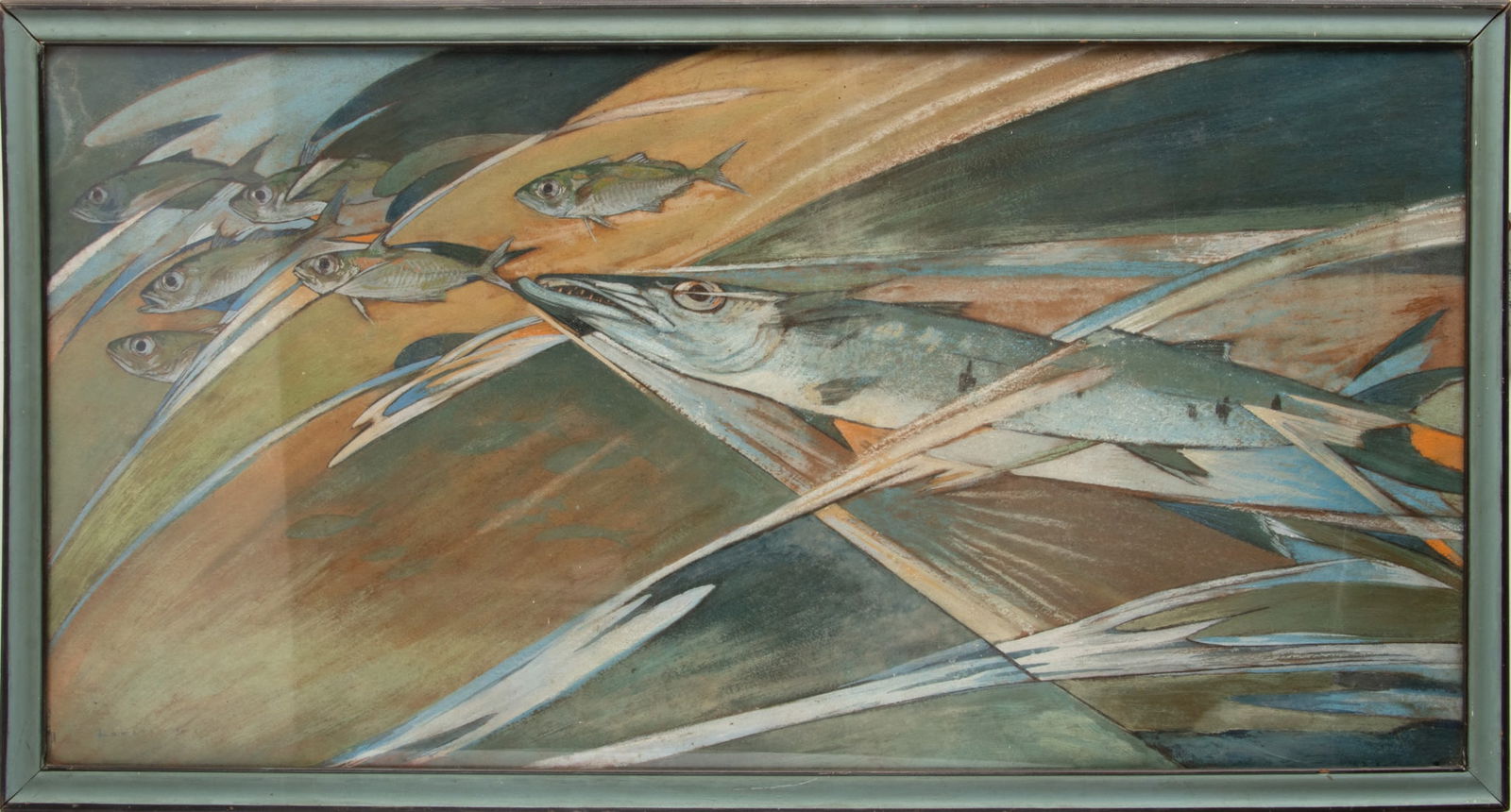 Stephen Haweis (British, 1878-1969) Pastel on Paper, 1920, "Barracuda Breaching a Wave", H 22.5" W: Stephen Haweis (British, 1878-1969) Pastel on Paper, 1920, "Barracuda Breaching a Wave", H 22.5" W 44.5" | Depicting a school of barracuda breaching the crest of a wave. Signed and dated lower left. F